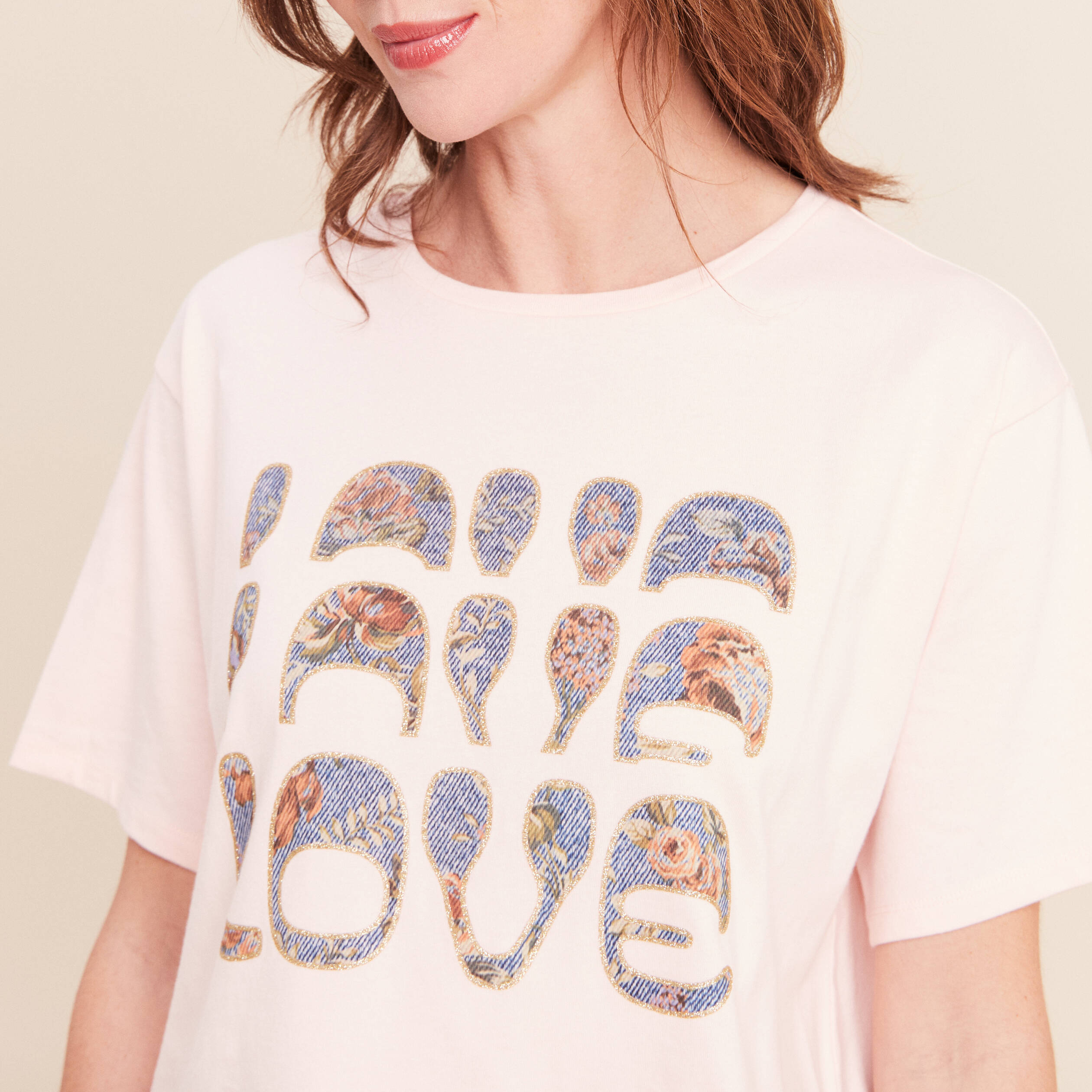 T-shirt col rond manches courtes rose clair femme