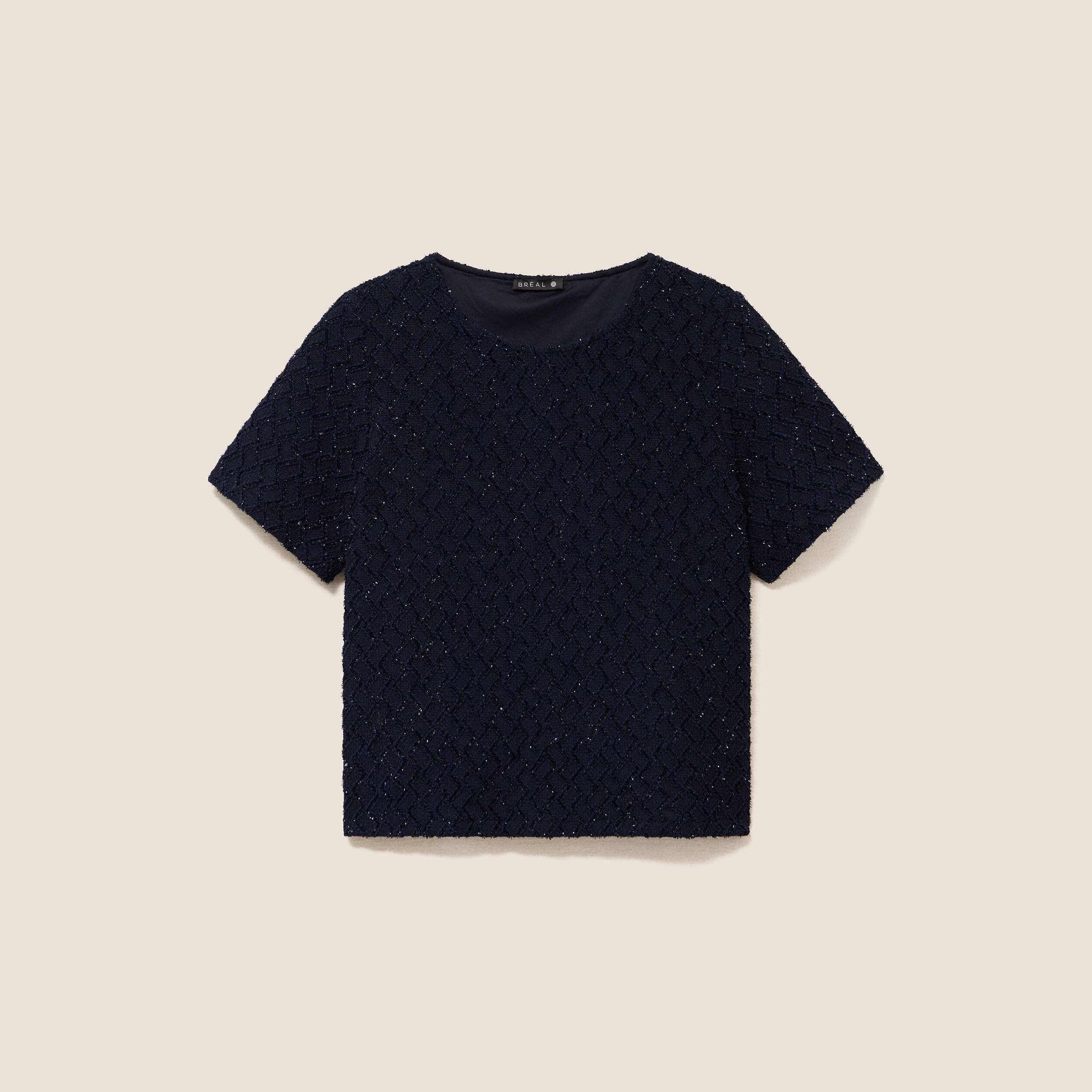 T-shirt col rond manches courtes doubl&eacute; bleu fonc&eacute; femme