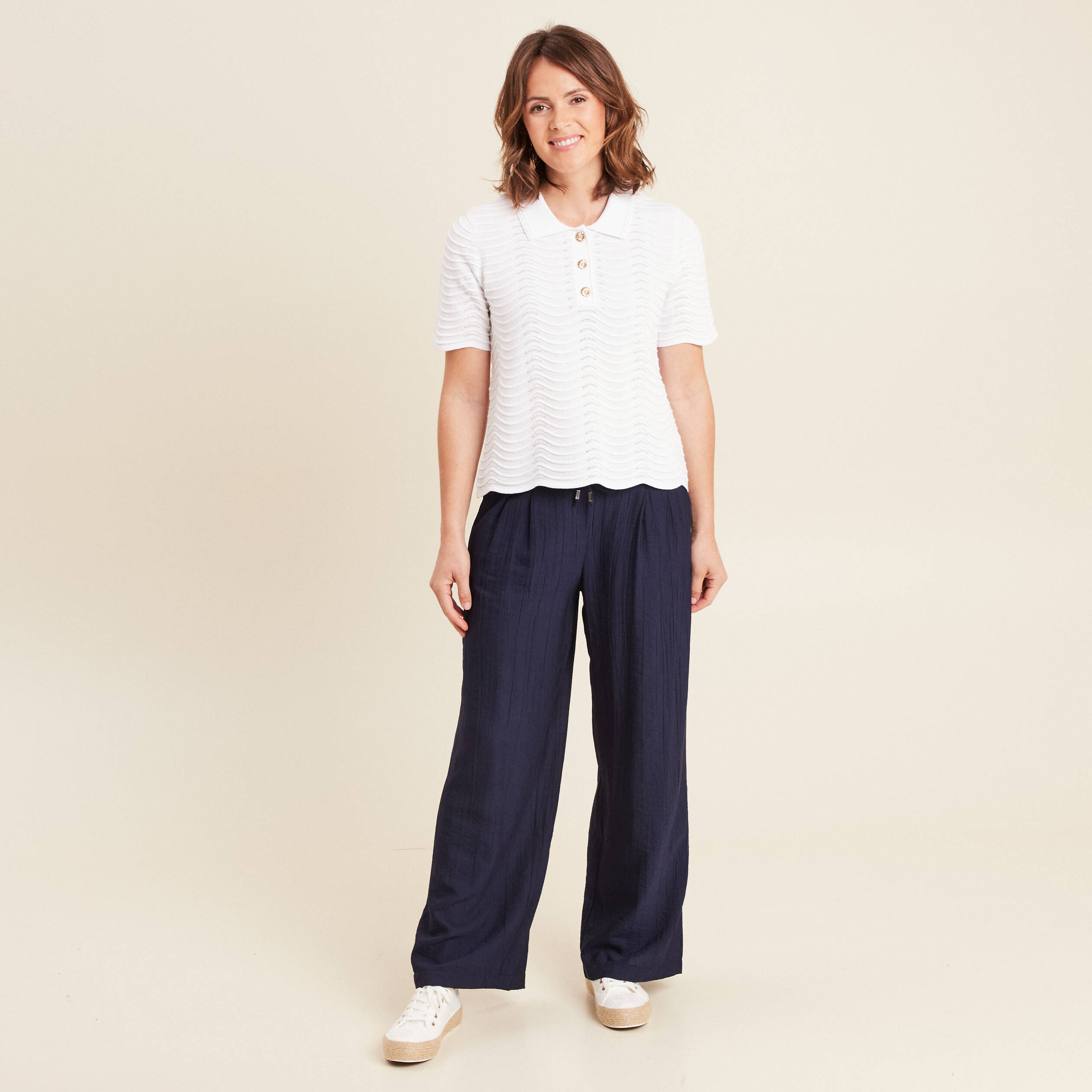Pantalon fluide taille haute bleu marine femme