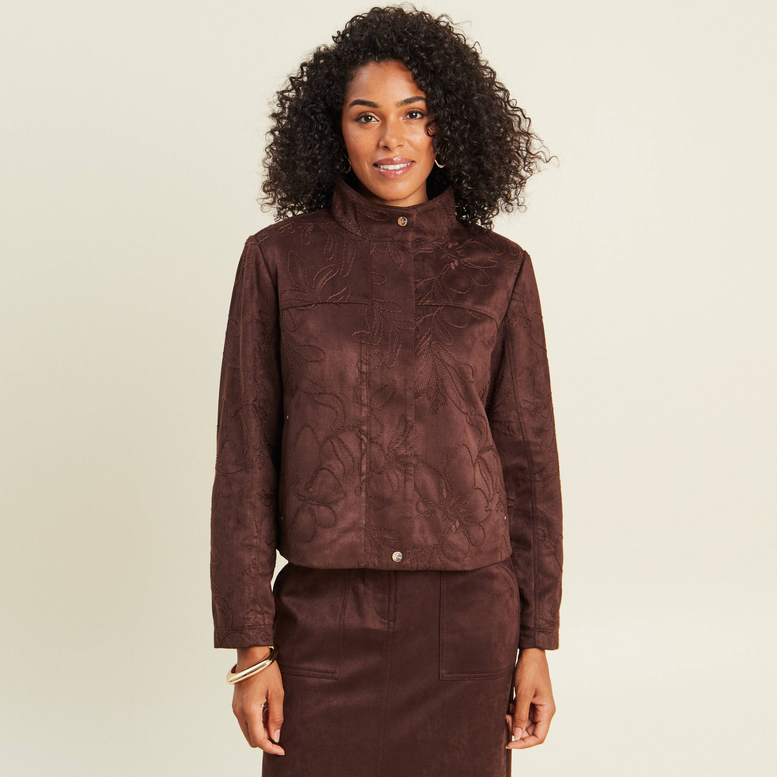Veste col montant doubl&eacute;e marron fonc&eacute; femme