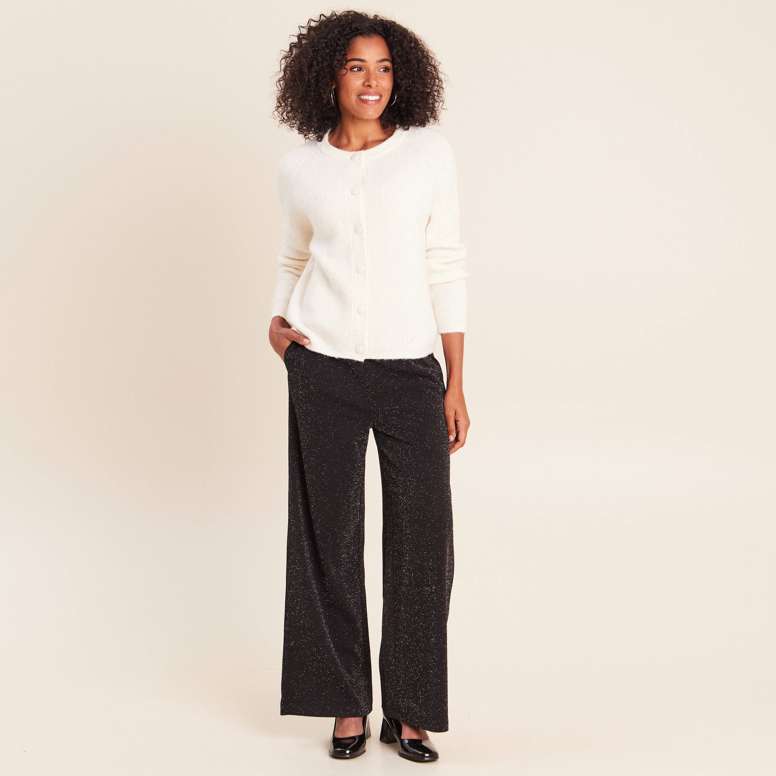 Pantalon large taille haute noir femme