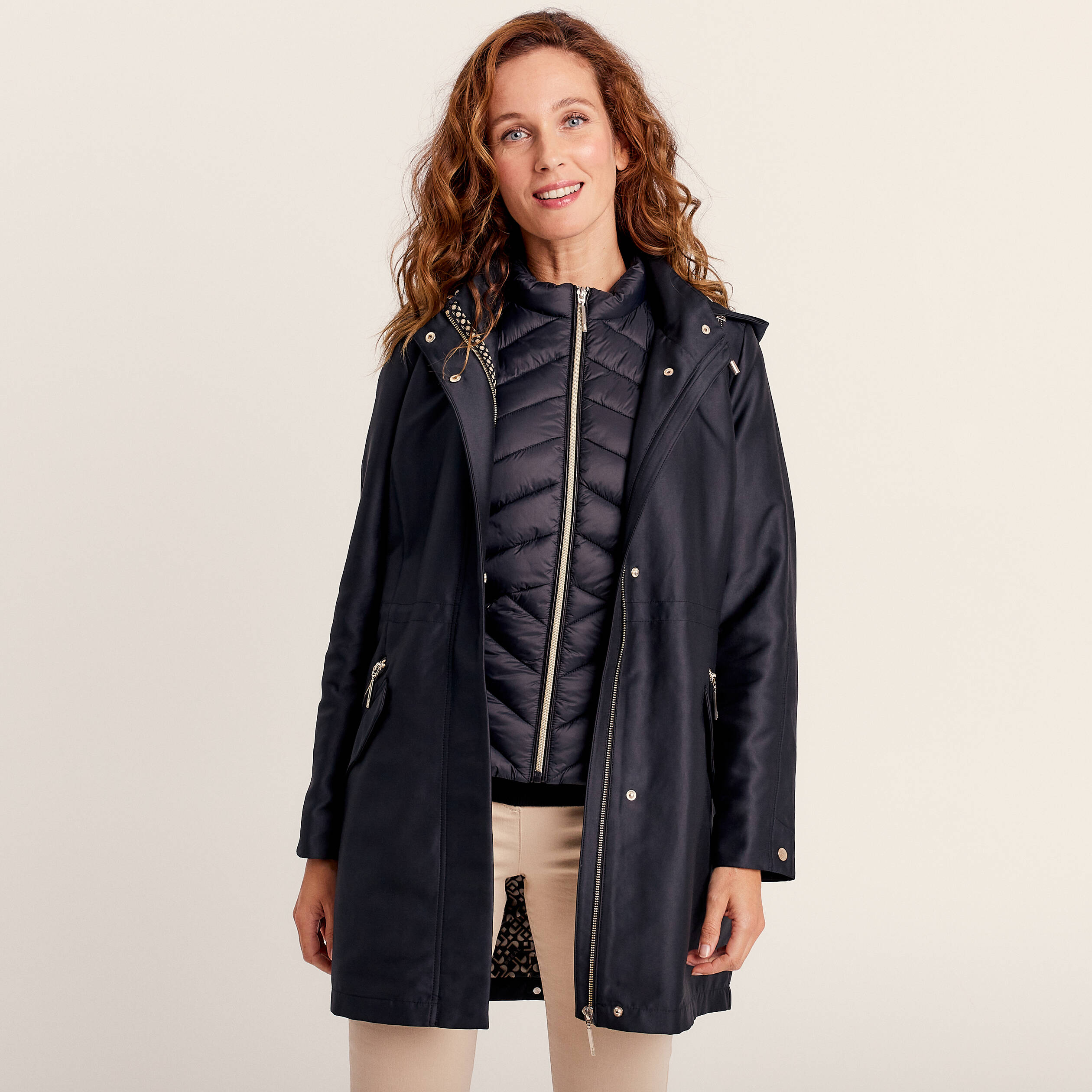 Parka 2-en-1 droite à capuche noir femme