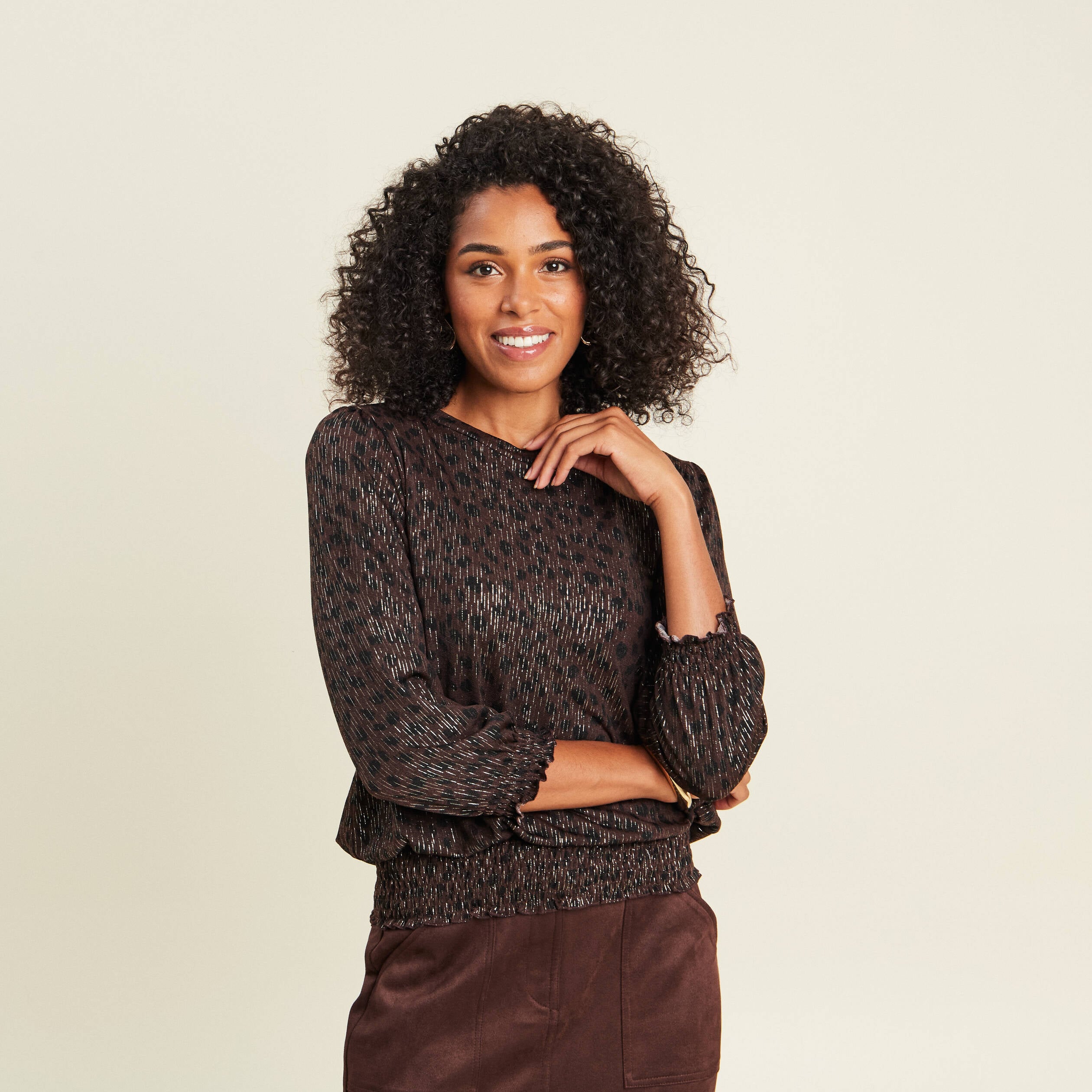T-shirt col rond manches 3/4 marron fonc&eacute; femme