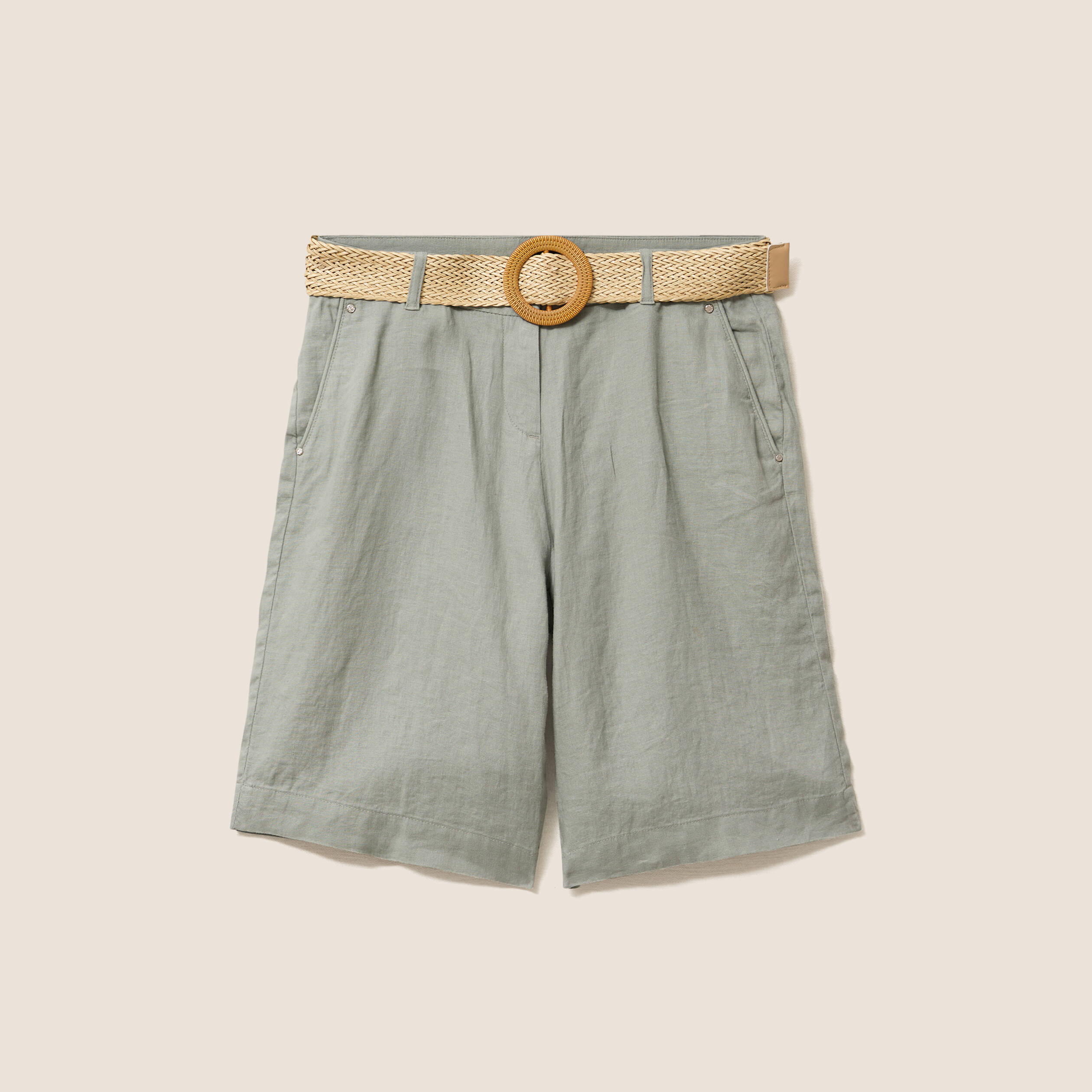 Bermuda large taille haute aspect lin vert clair femme