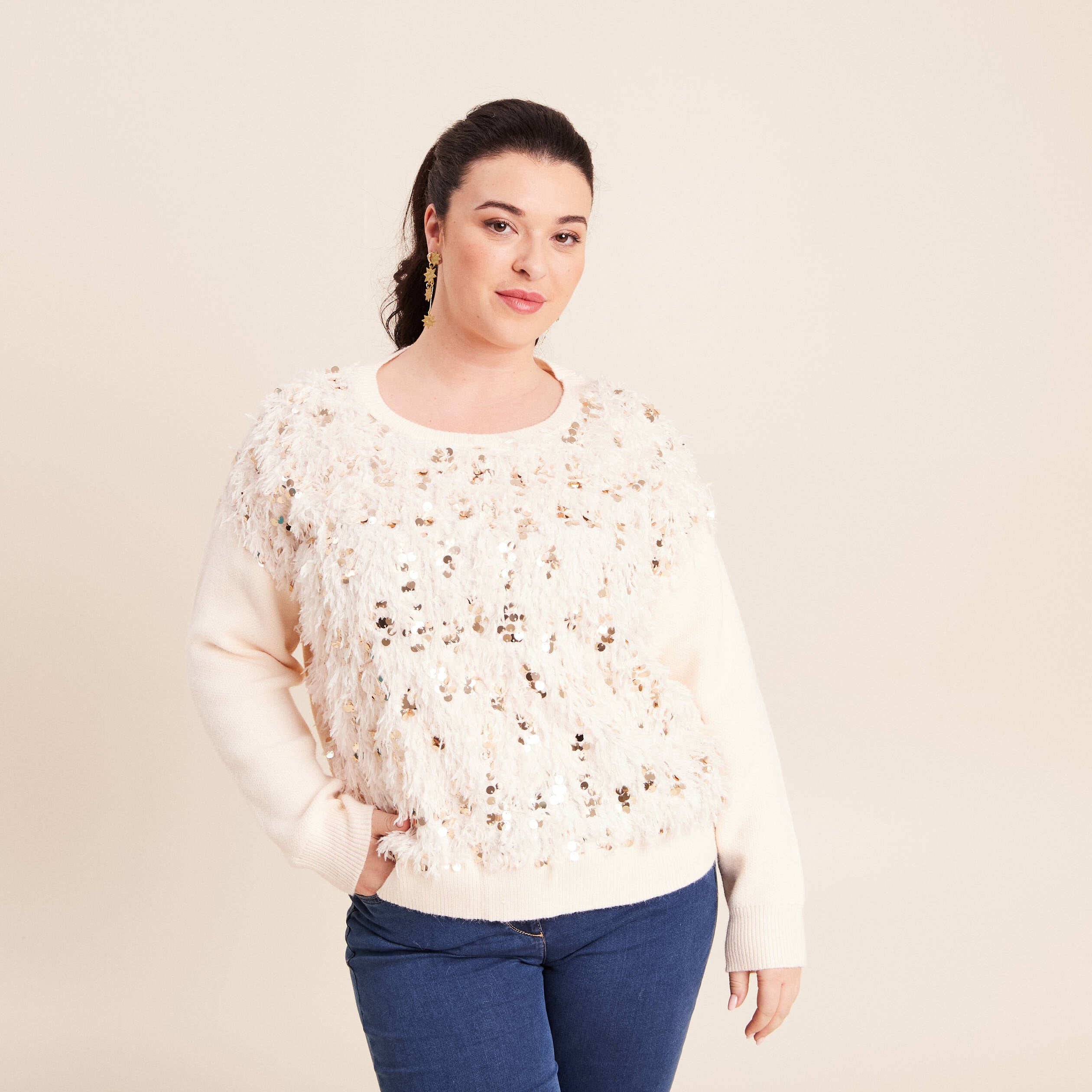 Pull col rond manches longues doubl&eacute; ecru femme