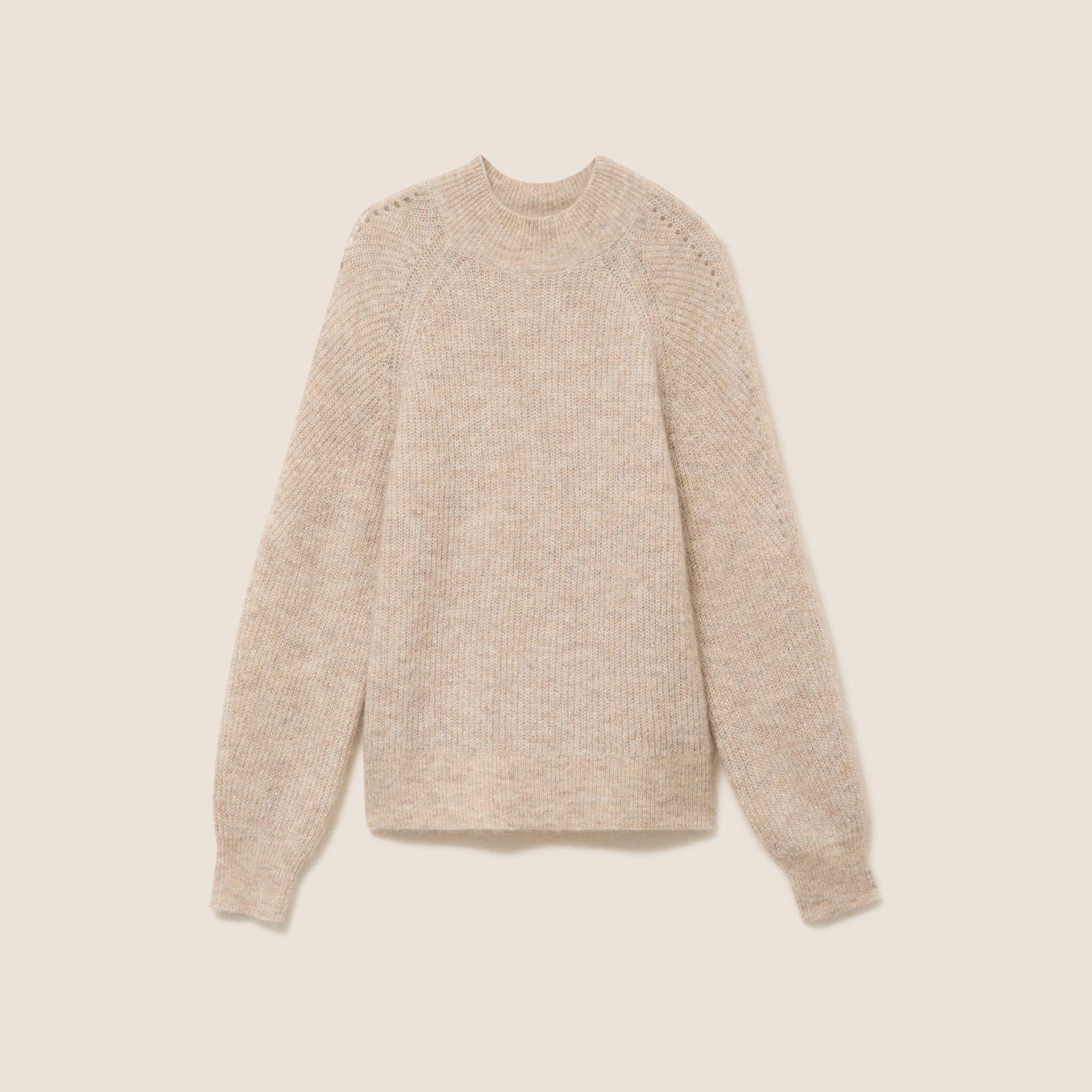 Pull droit col montant manches longues beige femme