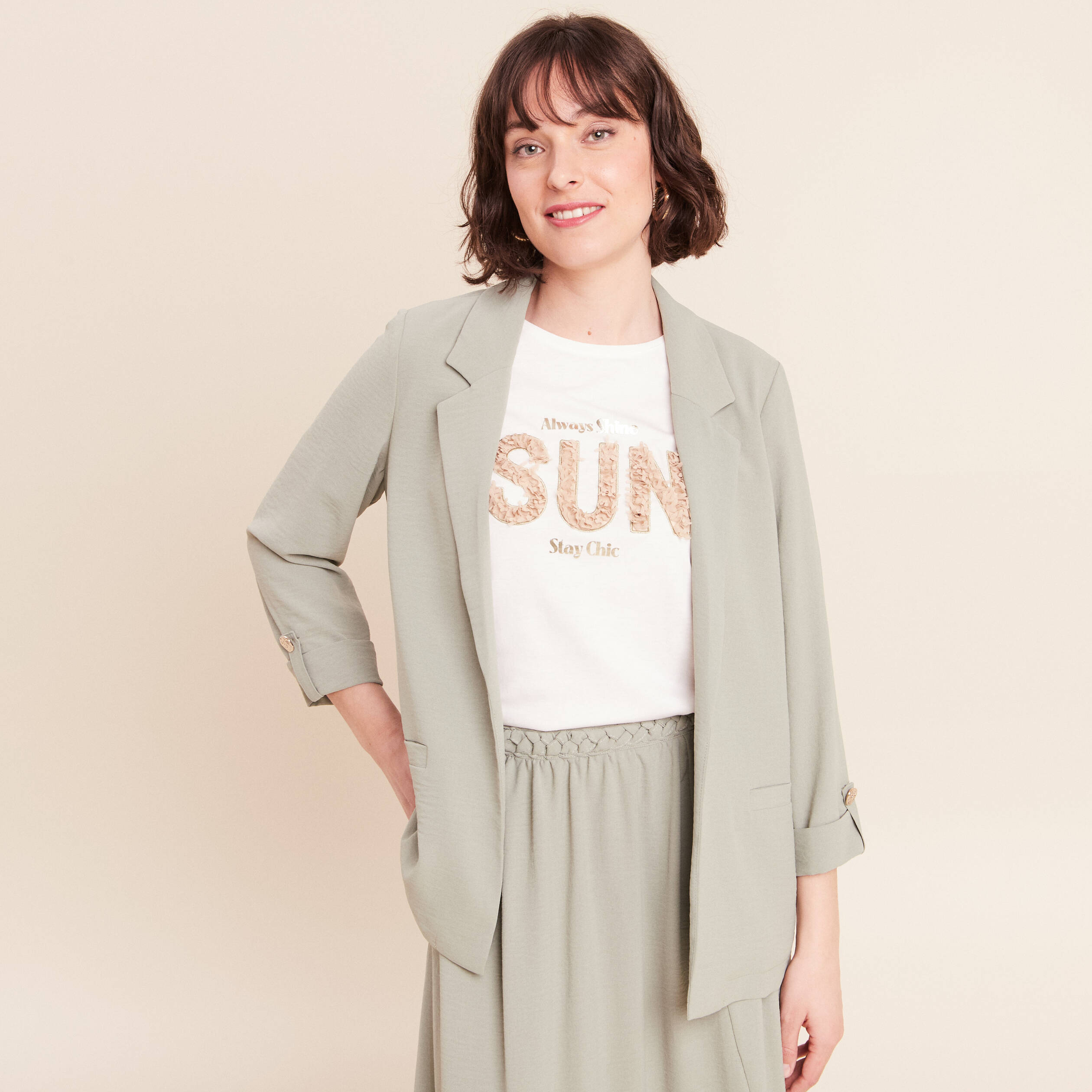 Veste longue droite col tailleur vert clair femme
