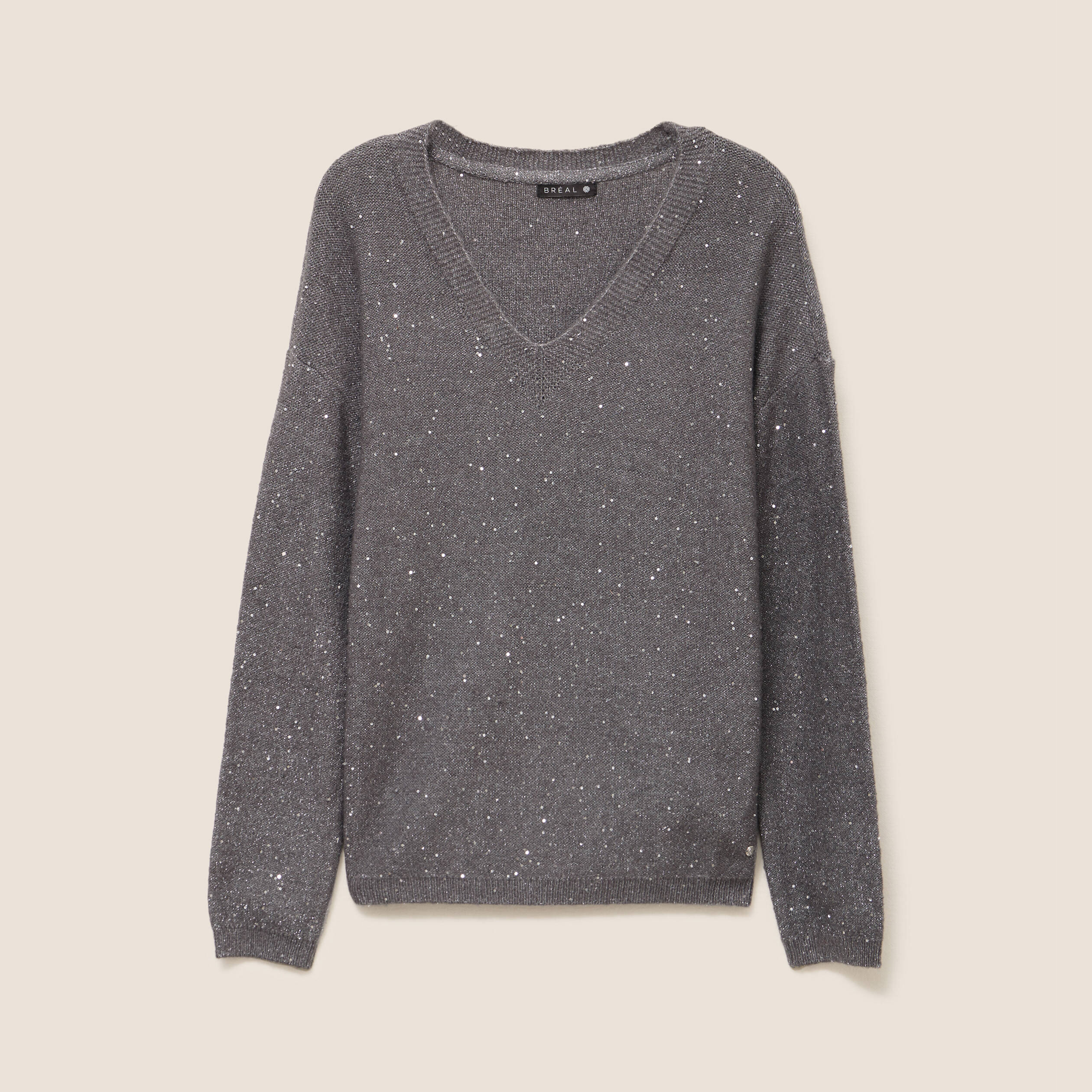 Pull col v manches longues à sequins gris foncé femme Vibs