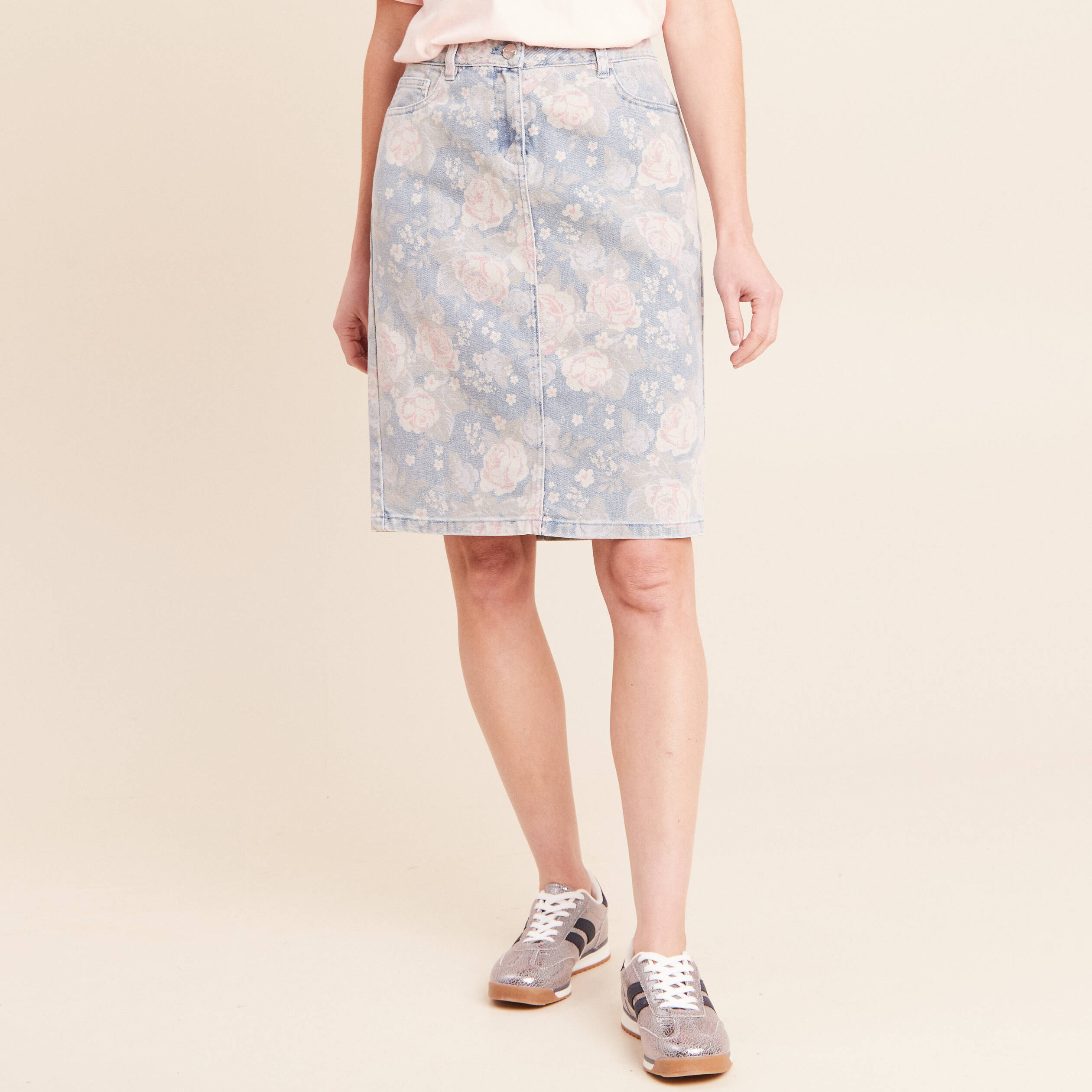 Jupe droite en jean taille standard rose femme