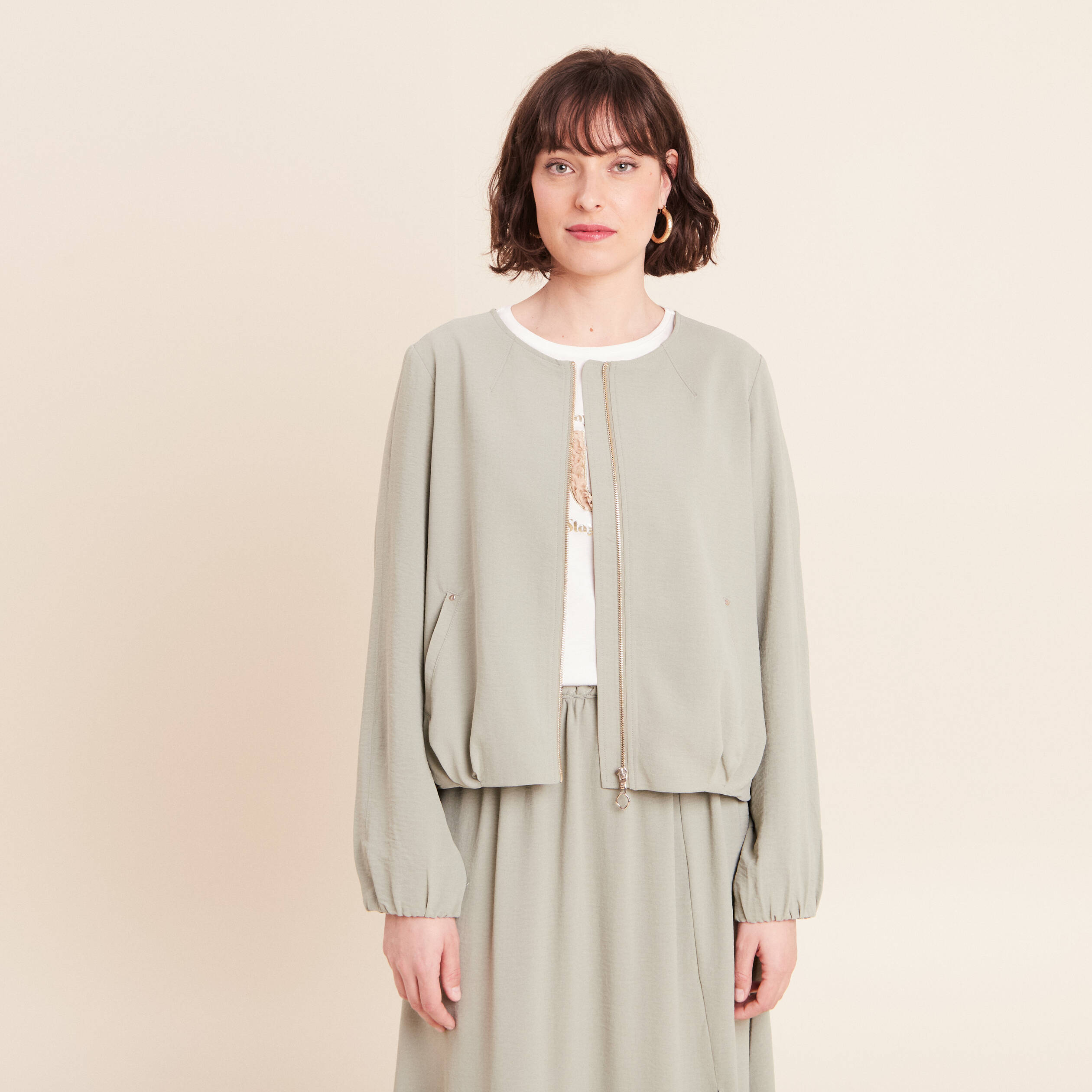Veste fluide manches longues doubl&eacute;e vert clair femme