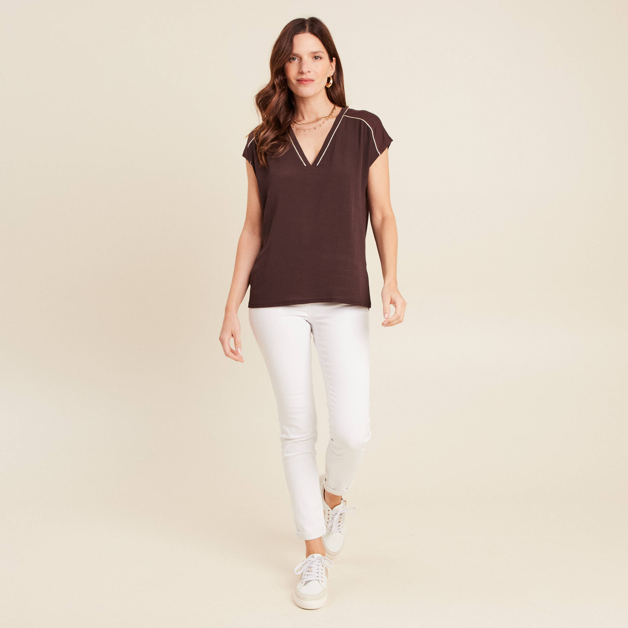 T-shirt manches courtes marron femme