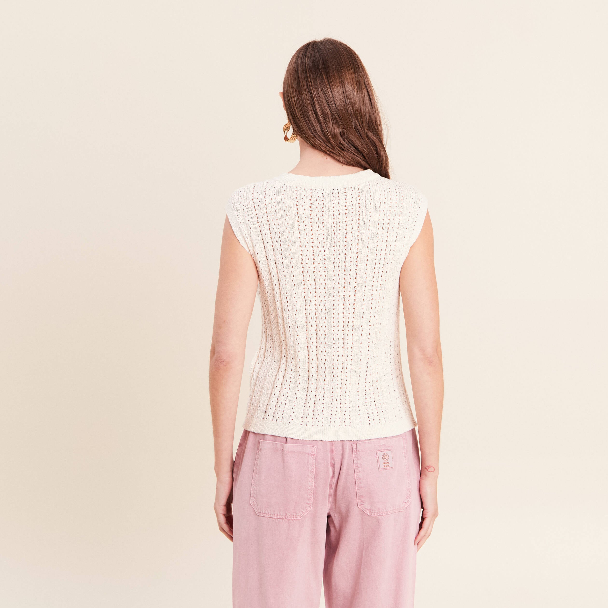Gilet ajour&eacute; droit court col rond ecru femme