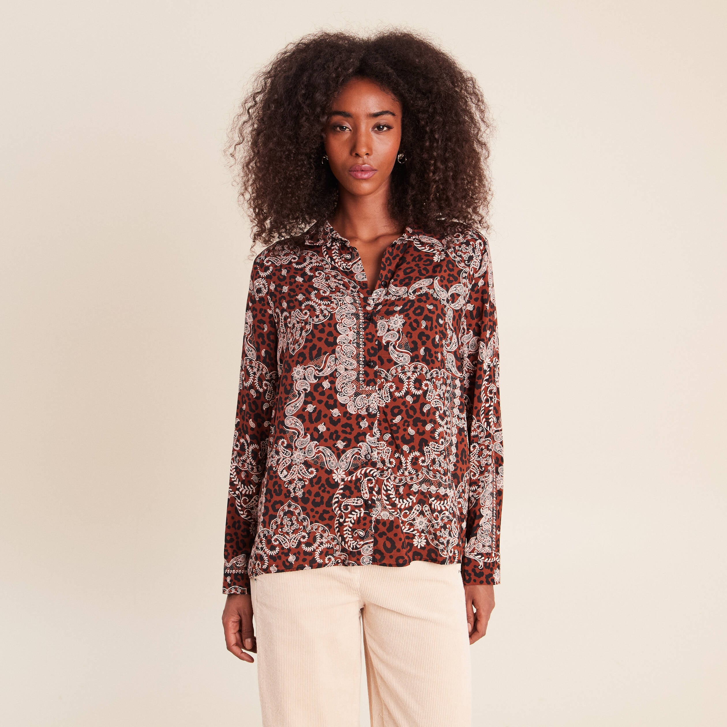 Chemise fluide manches longues marron femme