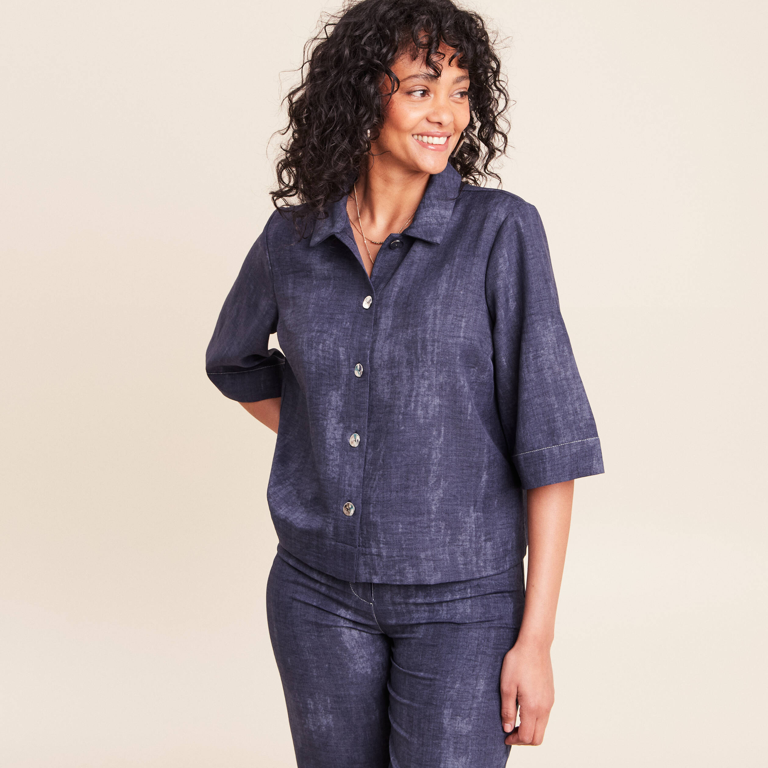 Chemise col chemise manches 3/4 bleu femme