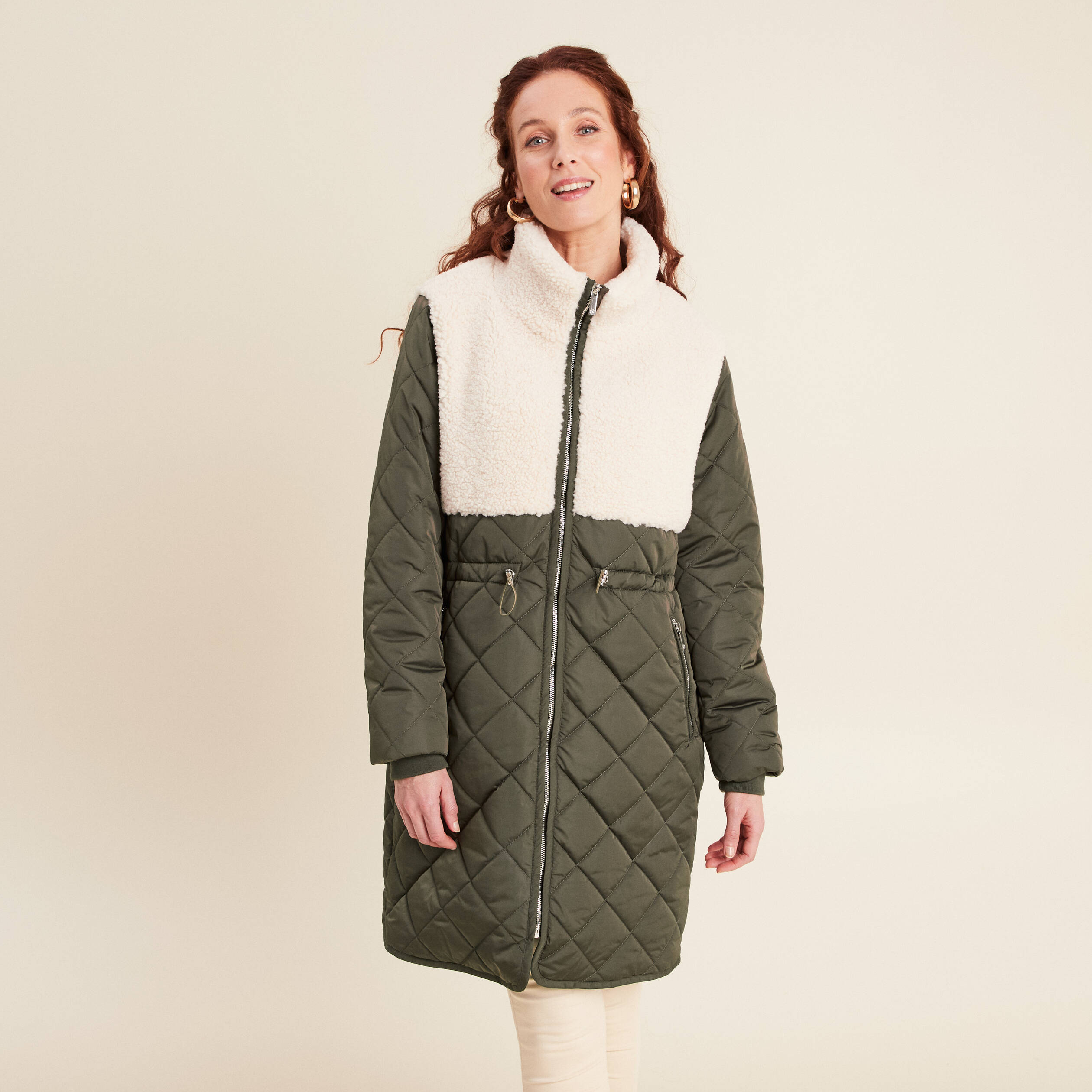 Doudoune longue col montant vert kaki femme