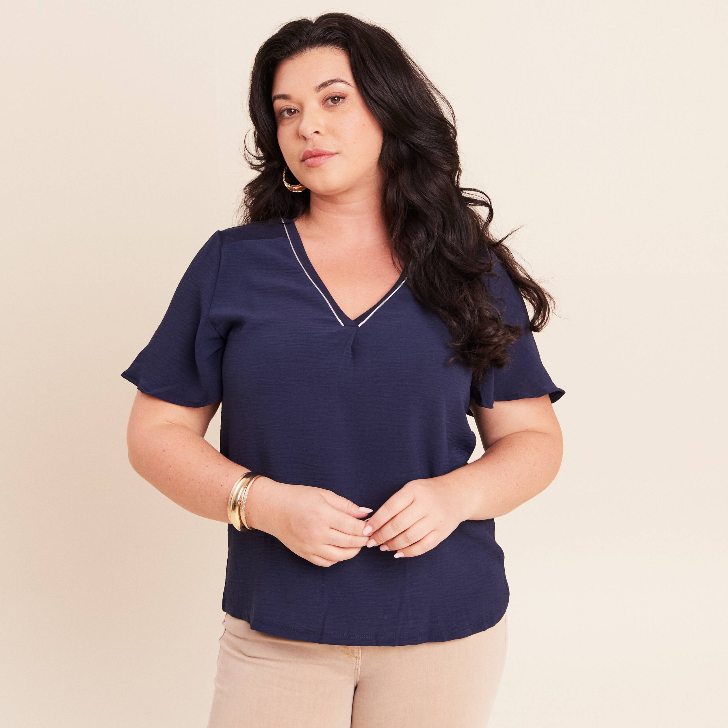 T-shirt bi-mati&egrave;re manches courtes bleu marine femme