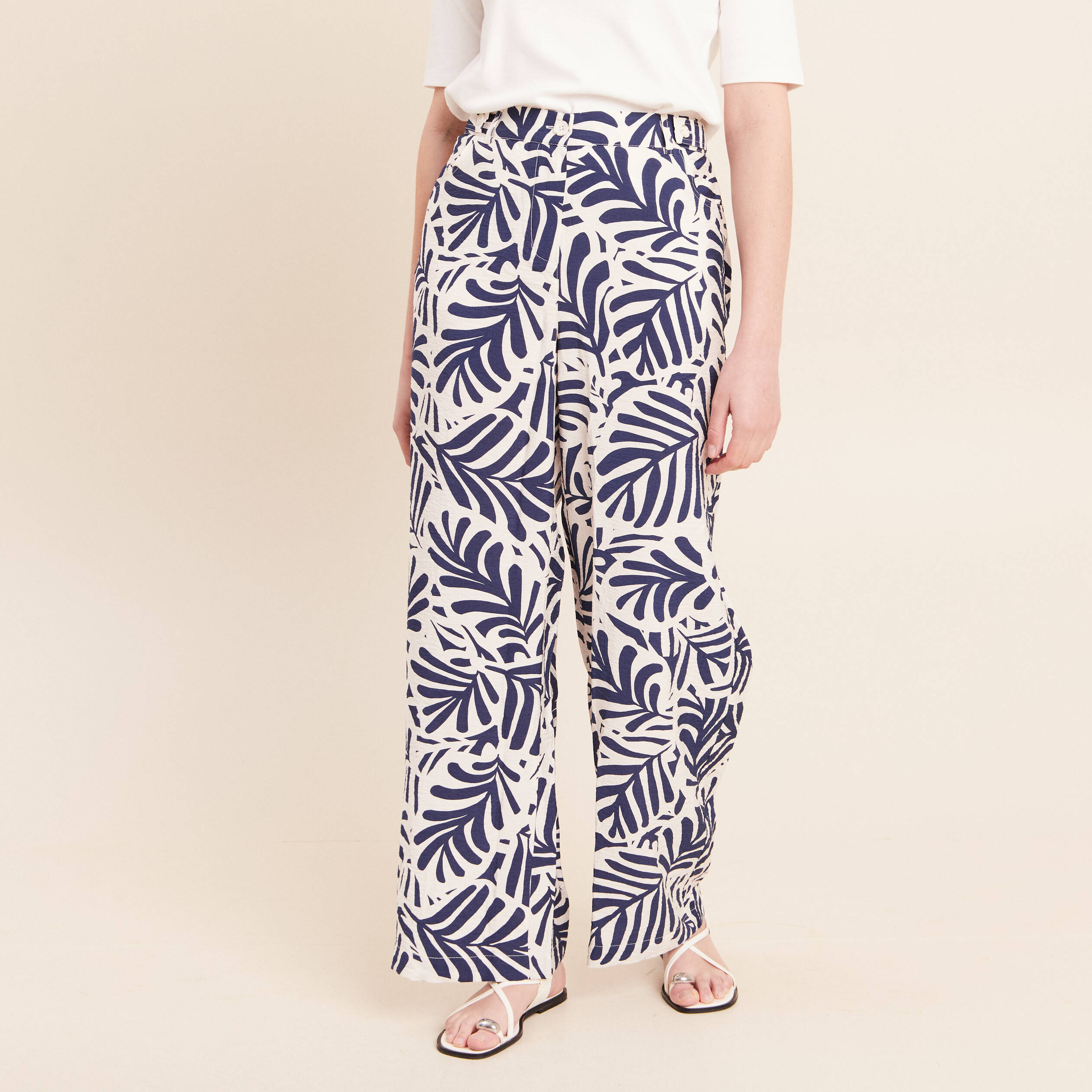 Pantalon fluide taille haute blanc femme