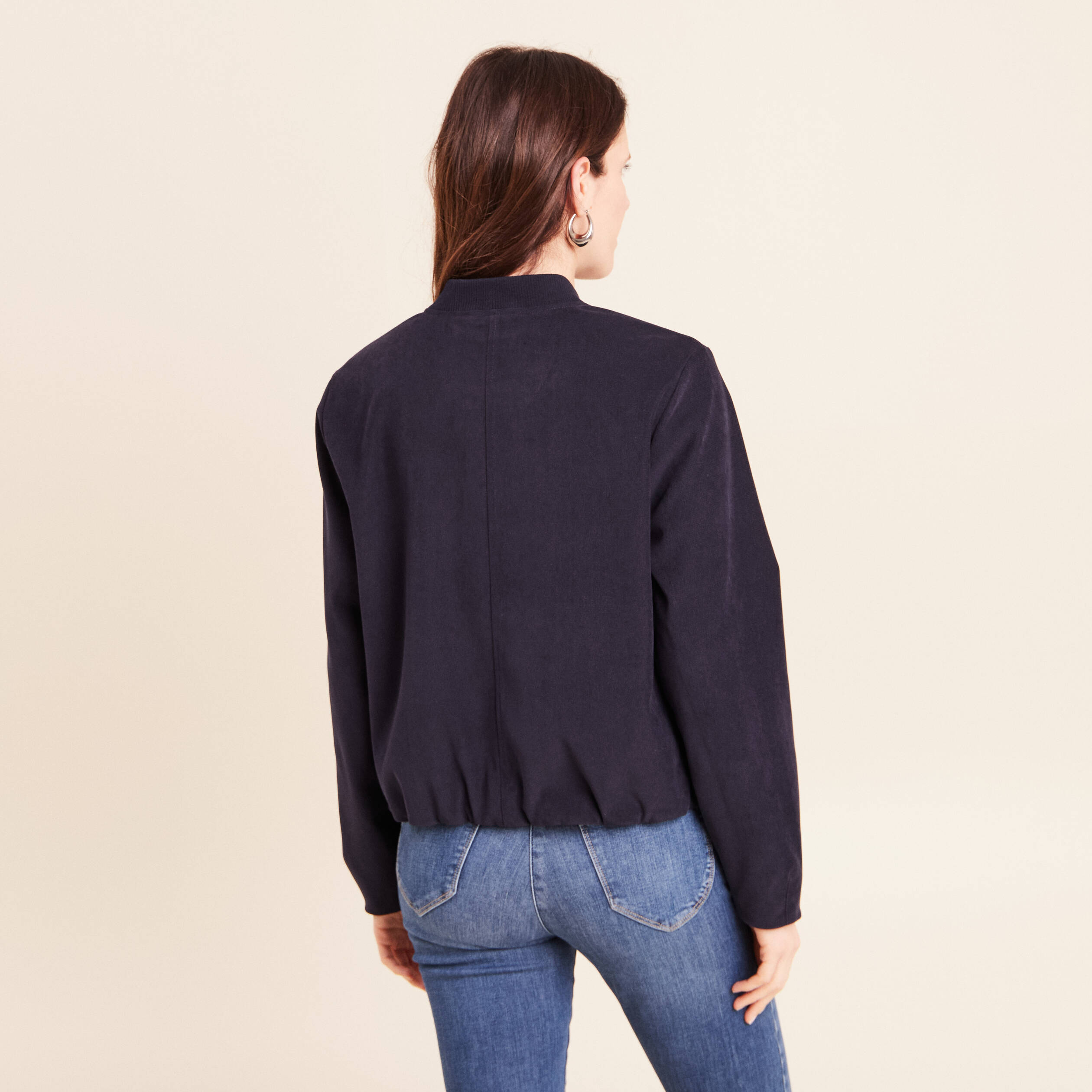 Bomber manches longues en velours doubl&eacute; bleu fonc&eacute; femme