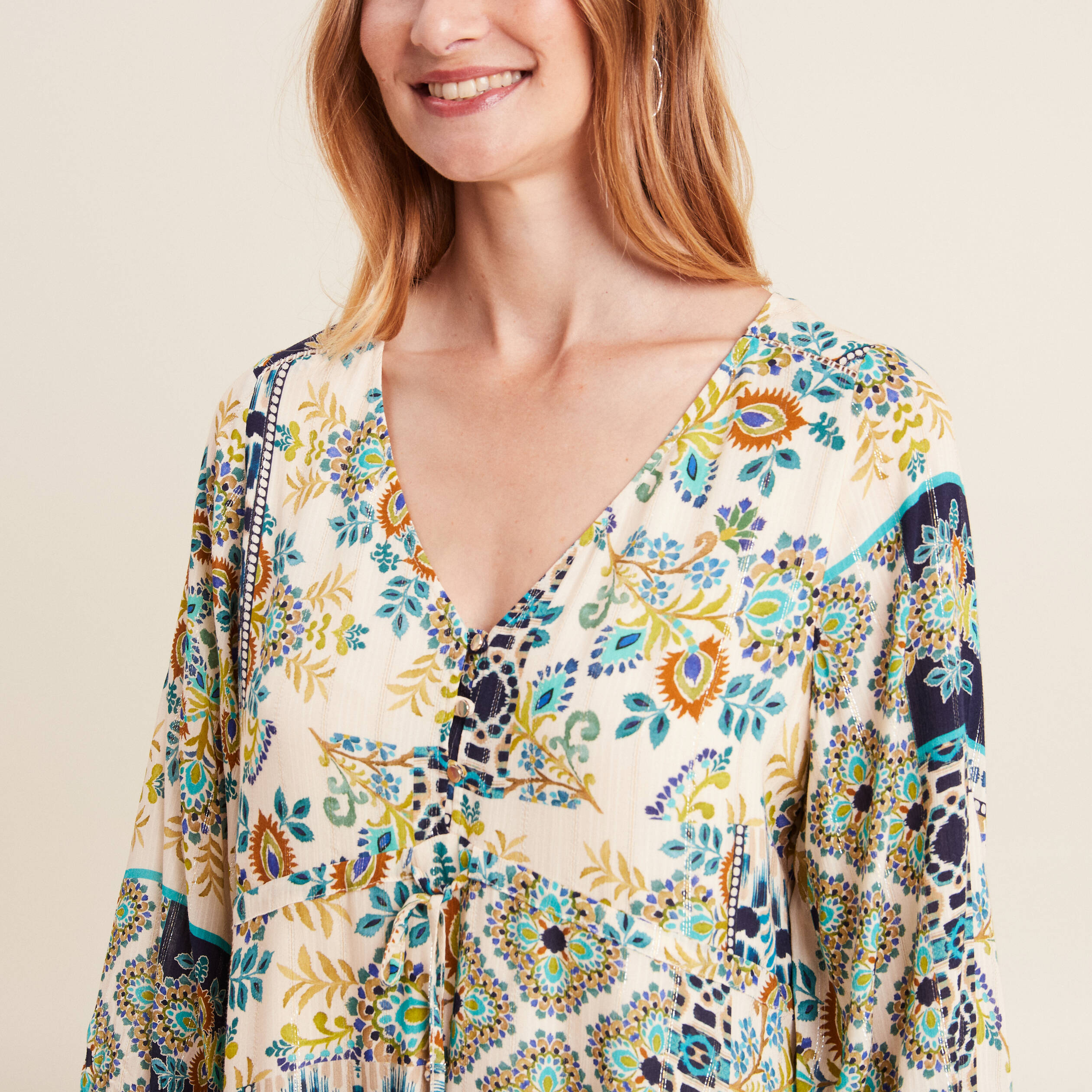 robe evasee fluide manches 34 bleu femme Robe évasée fluide manches 3/4 bleu femme
