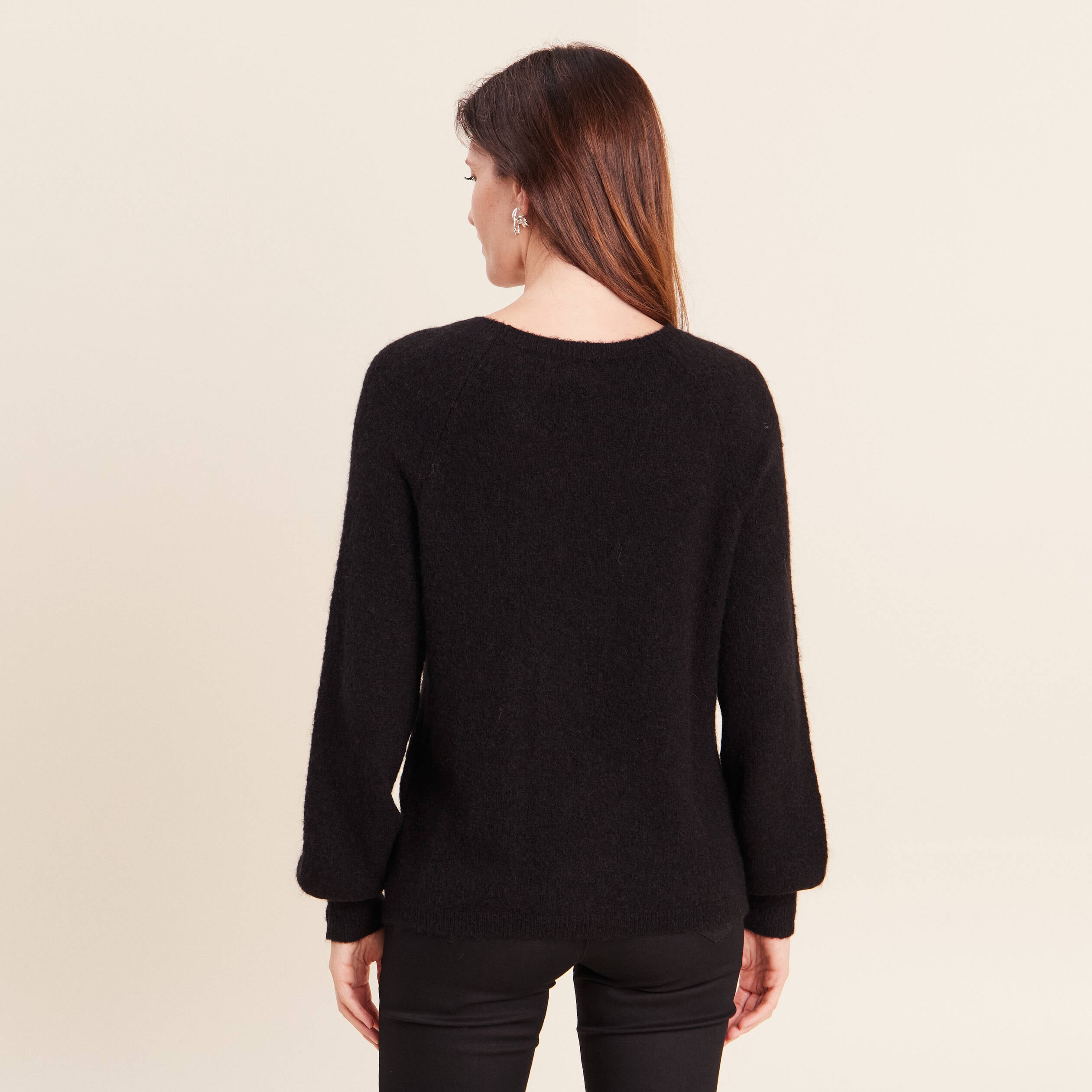 Pull col rond manches longues noir femme