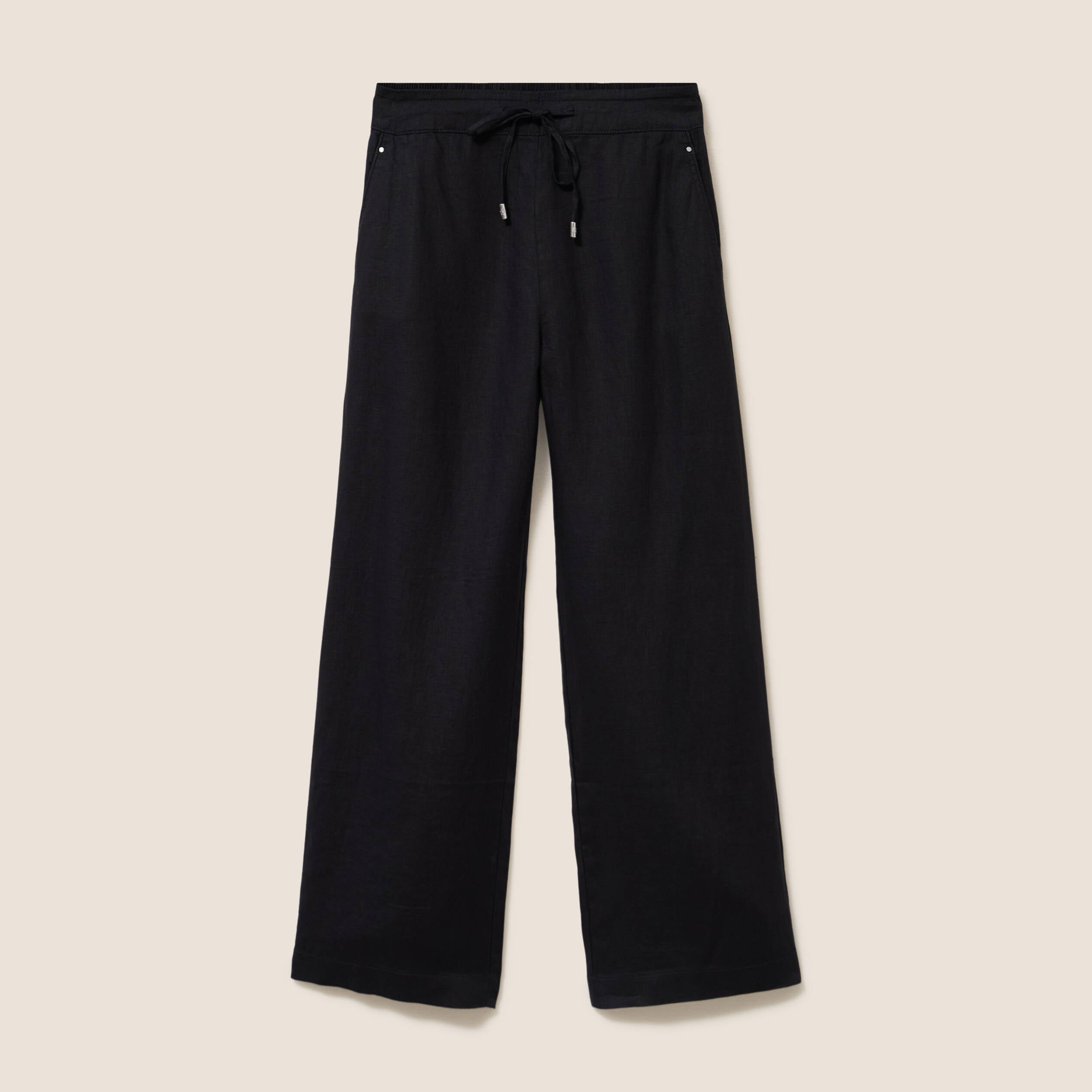 Pantalon large taille haute aspect lin noir femme