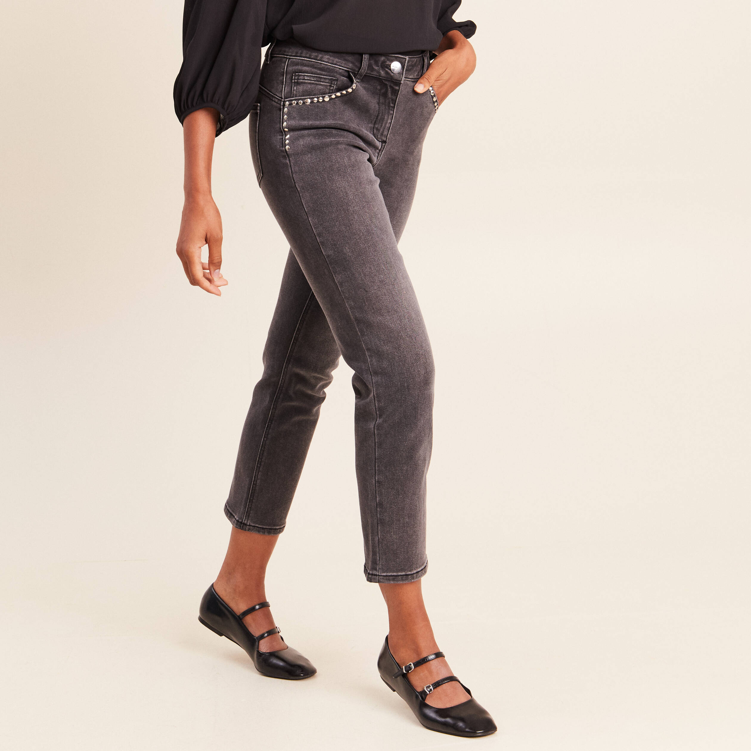Jean droit 7/8&egrave;me taille bascul&eacute;e denim gris femme