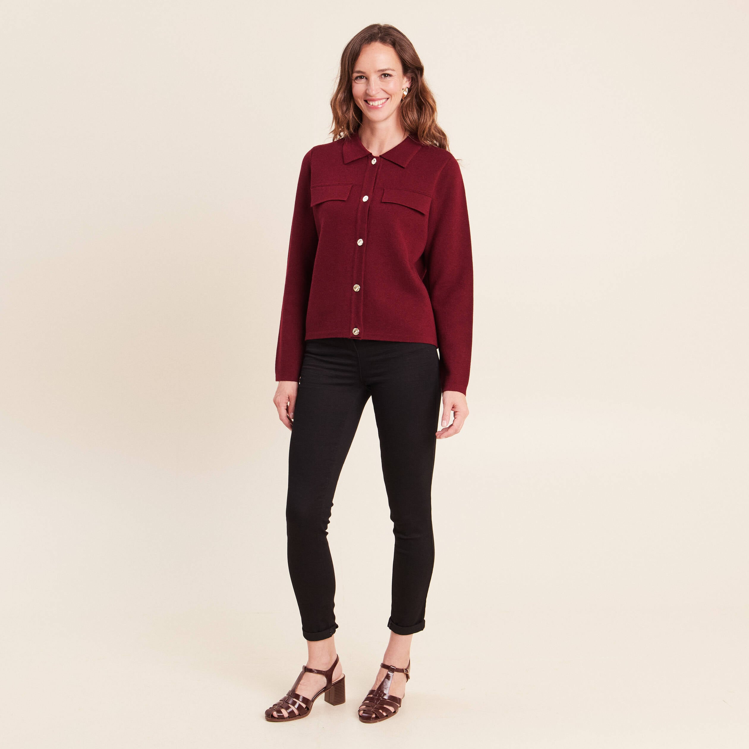 Gilet col chemise manches longues bordeaux femme