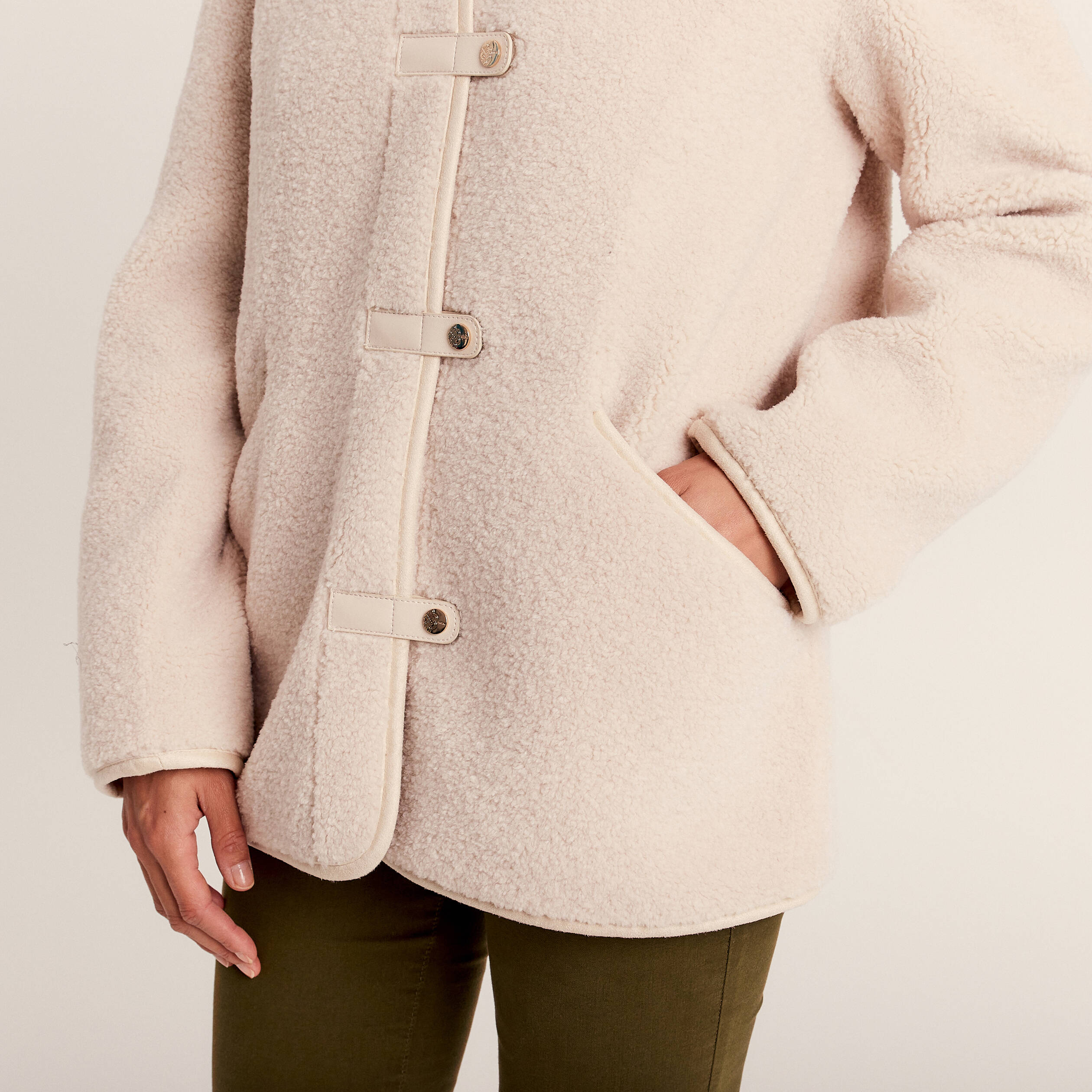 Manteau droit effet mouton ivoire femme