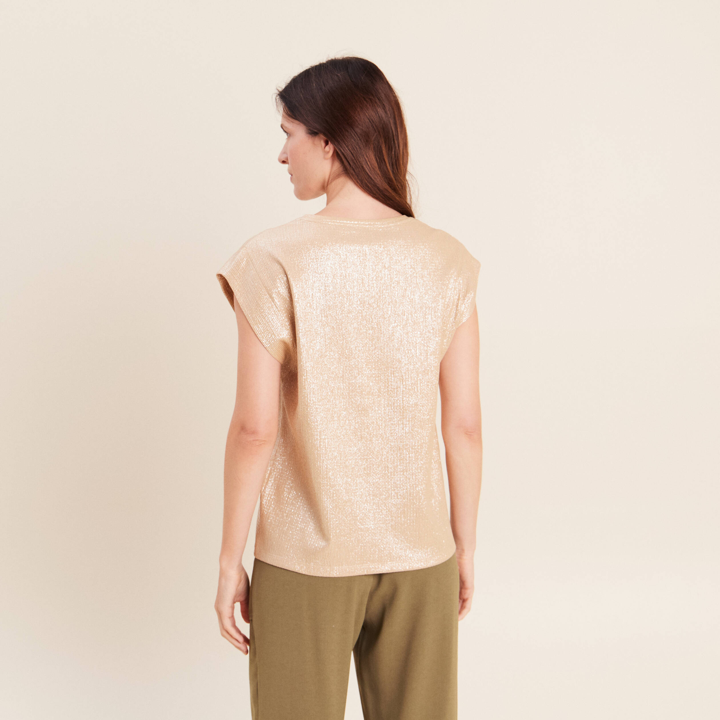 T-shirt col rond sans manches beige femme