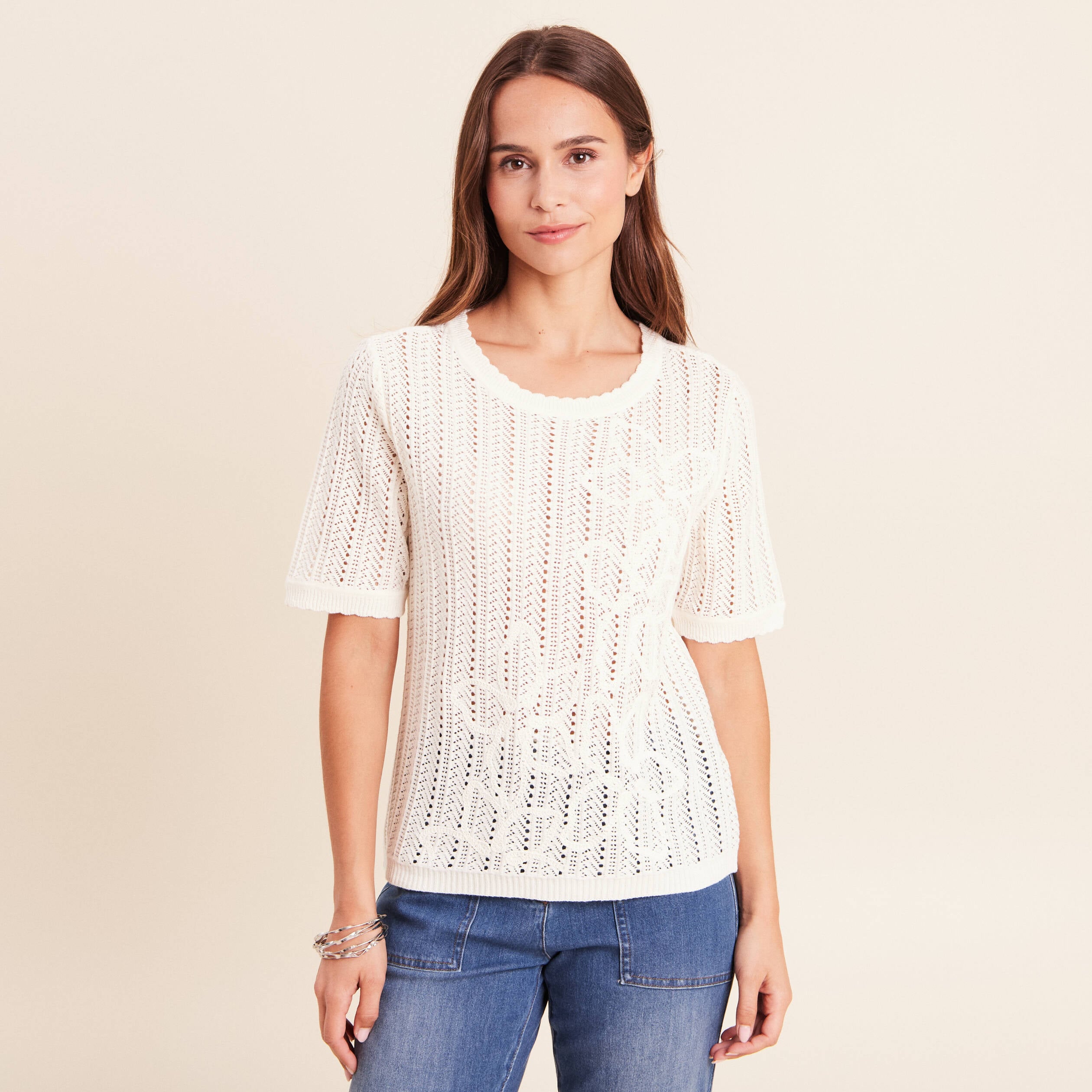 Pull ajour&eacute; col rond ecru femme