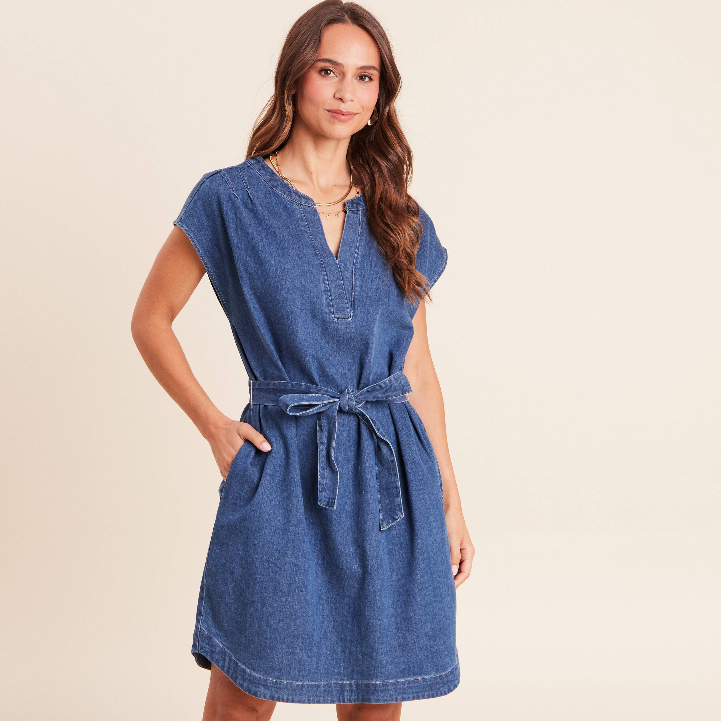 Robe droite courte manches tr&egrave;s courtes denim double stone femme