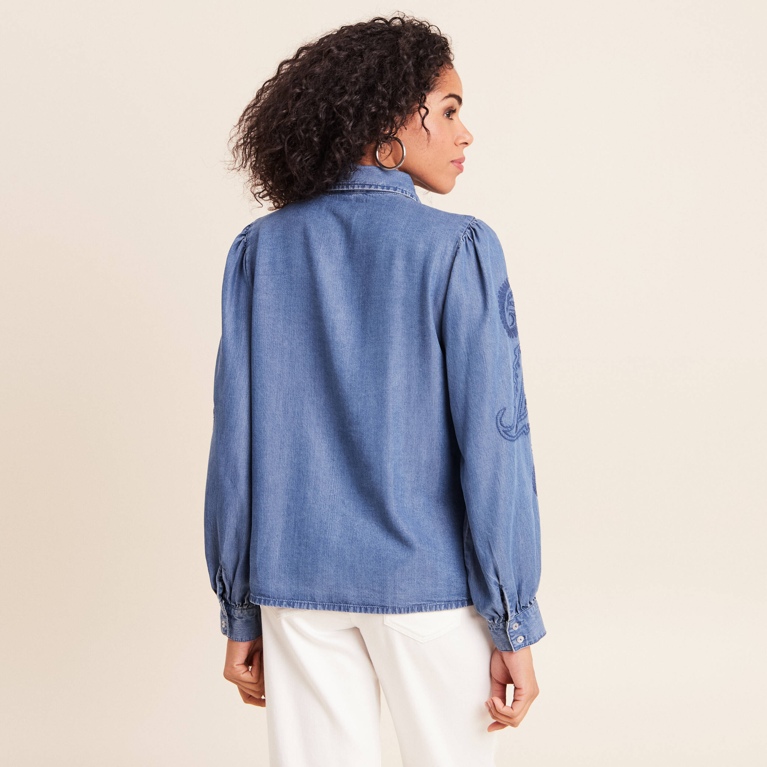 Chemise broderie manches longues denim double stone femme