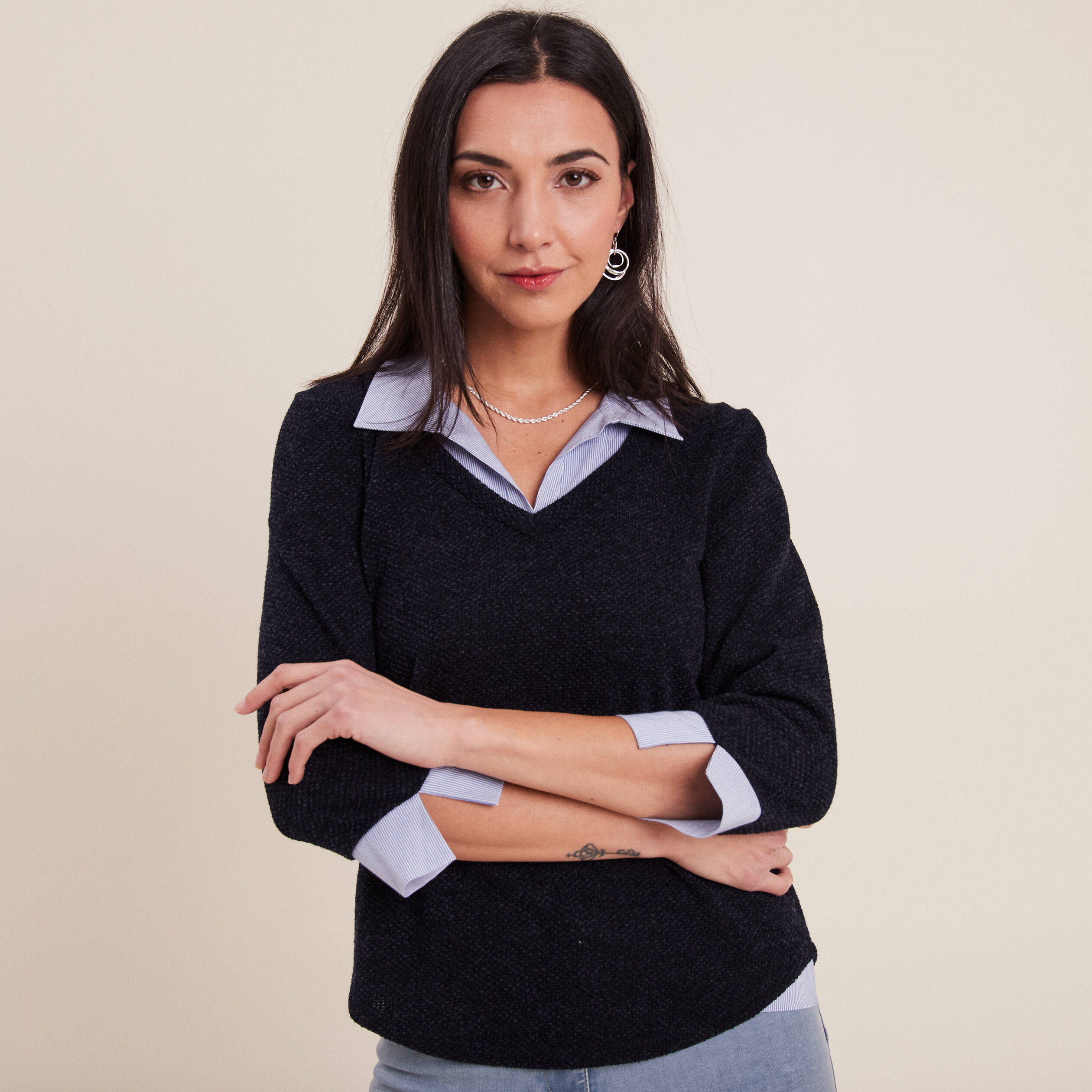 T-shirt manches 3/4 bleu marine femme