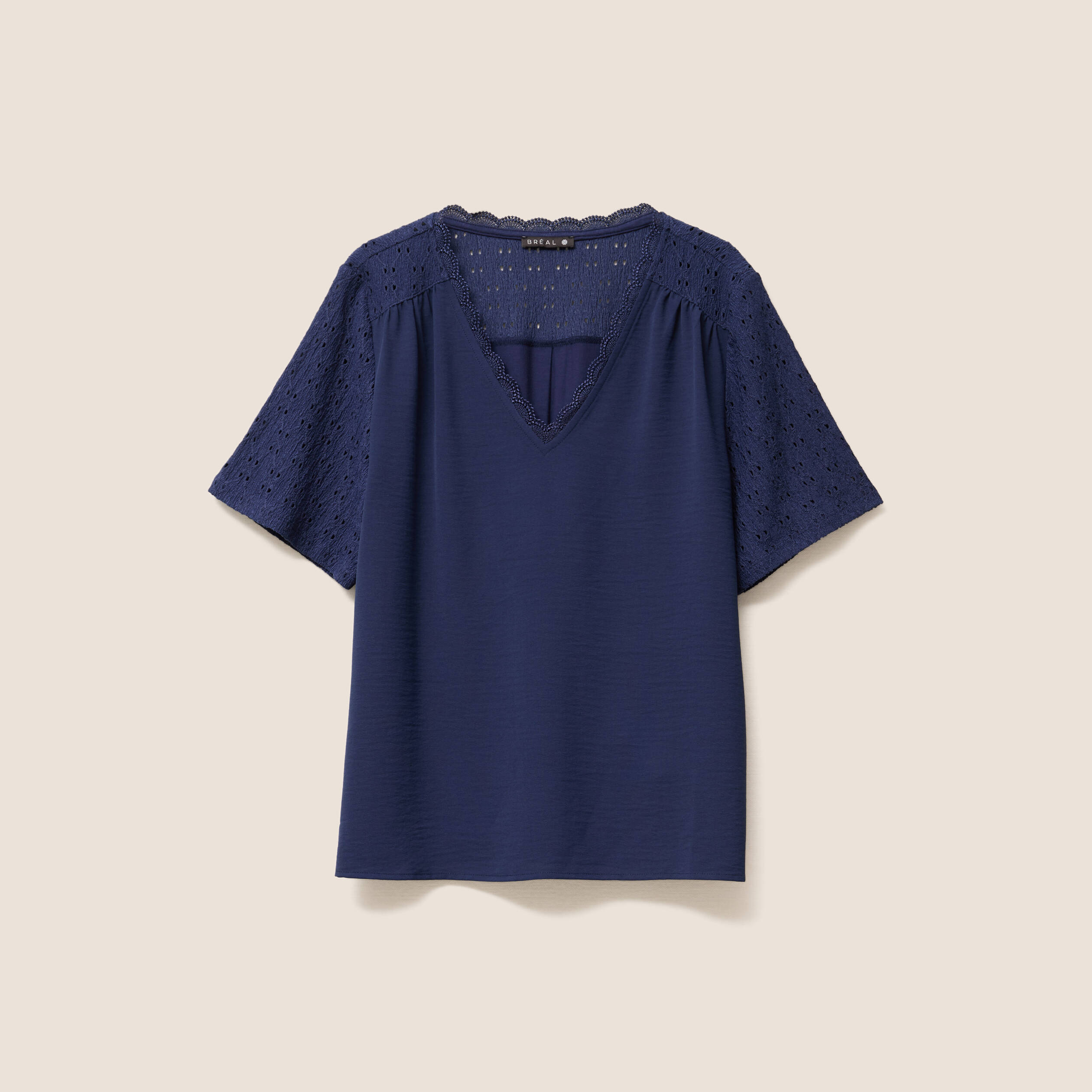 Blouse col V manches courtes bleu marine femme