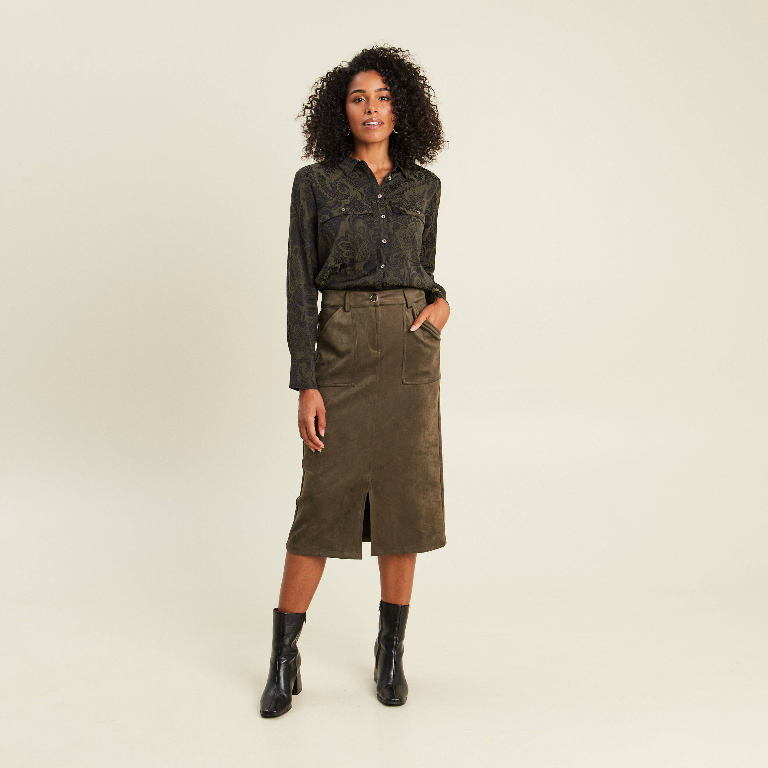 Jupe longue droite su&eacute;dine vert kaki femme