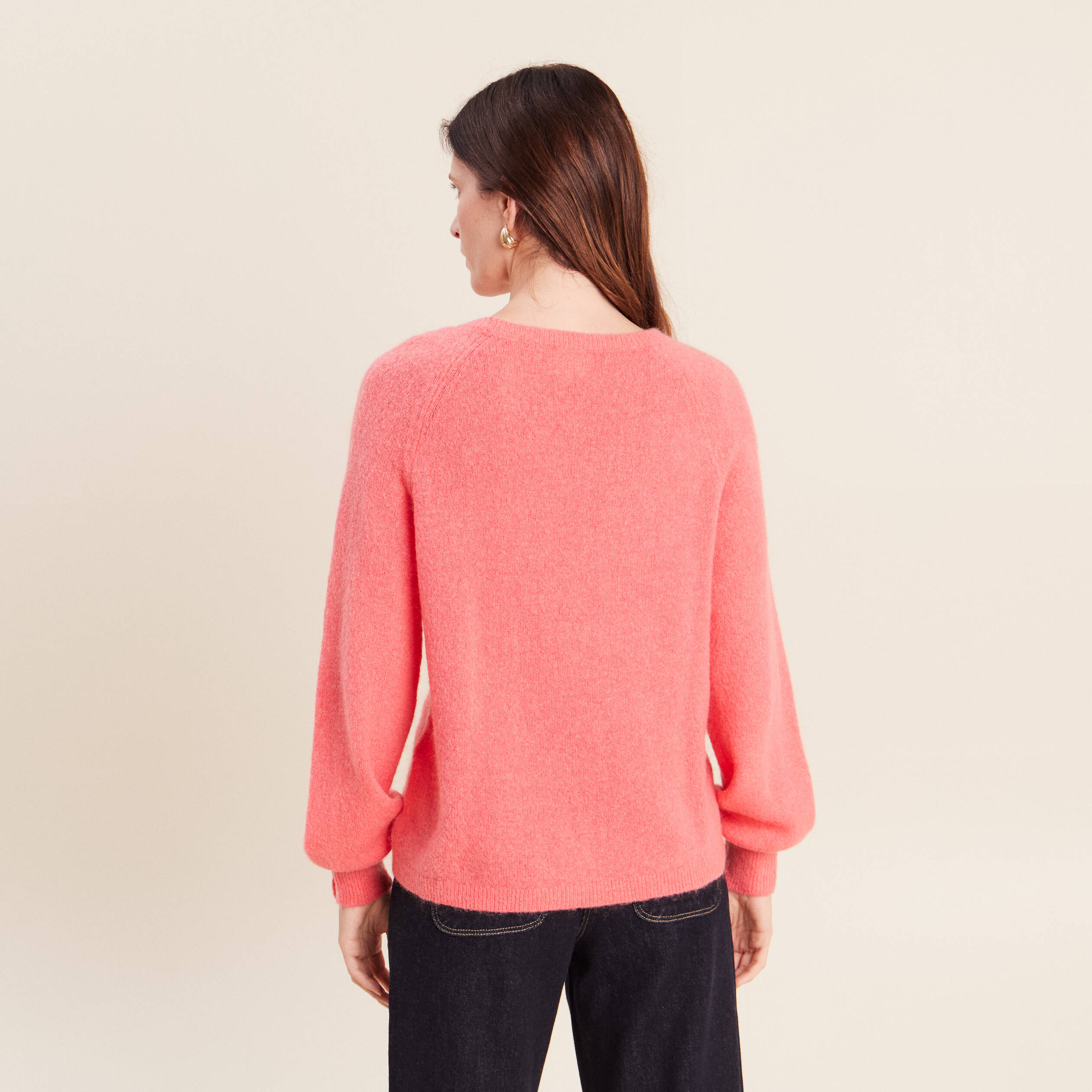 Pull col rond manches longues rose framboise femme