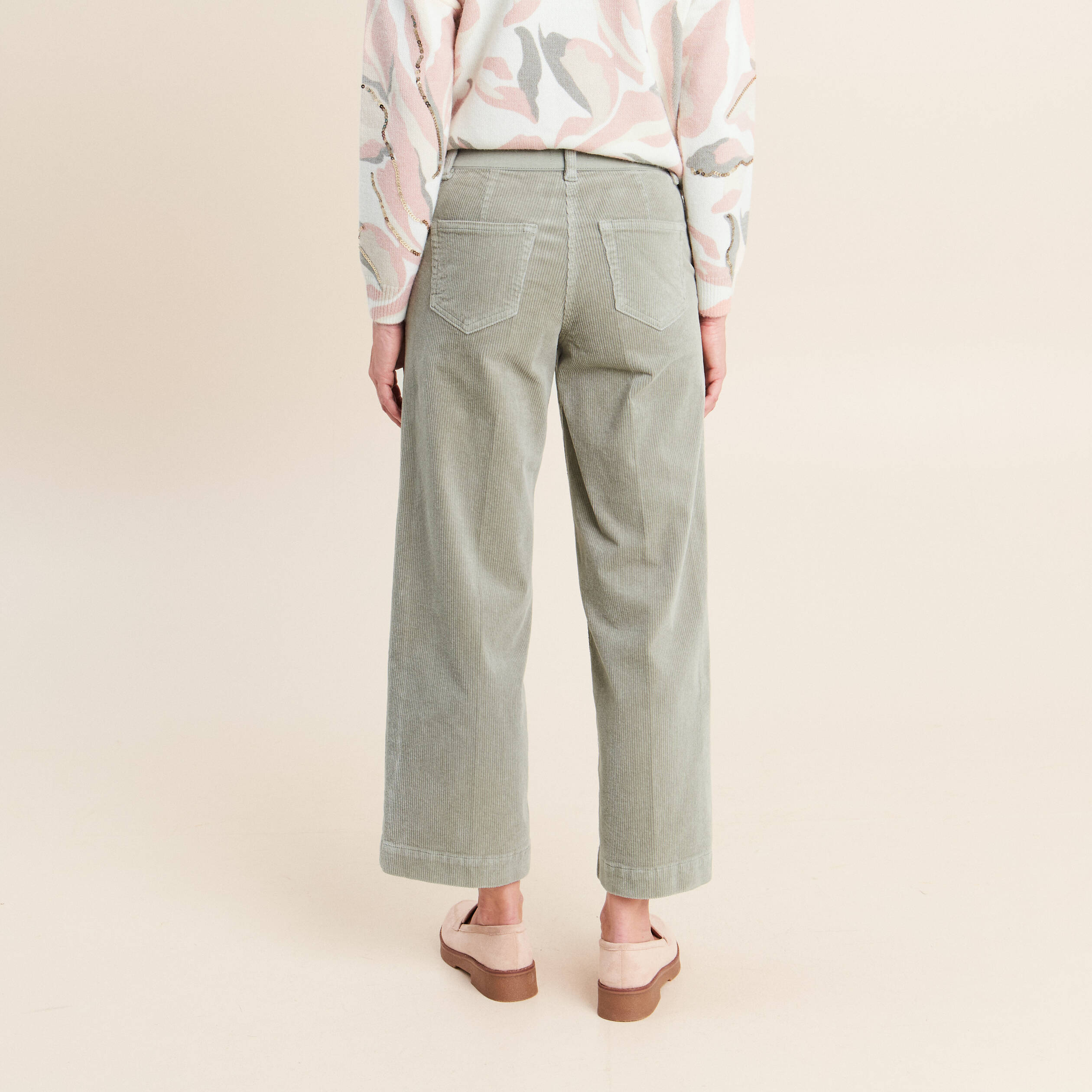 Pantalon large velours c&ocirc;tel&eacute; vert clair femme