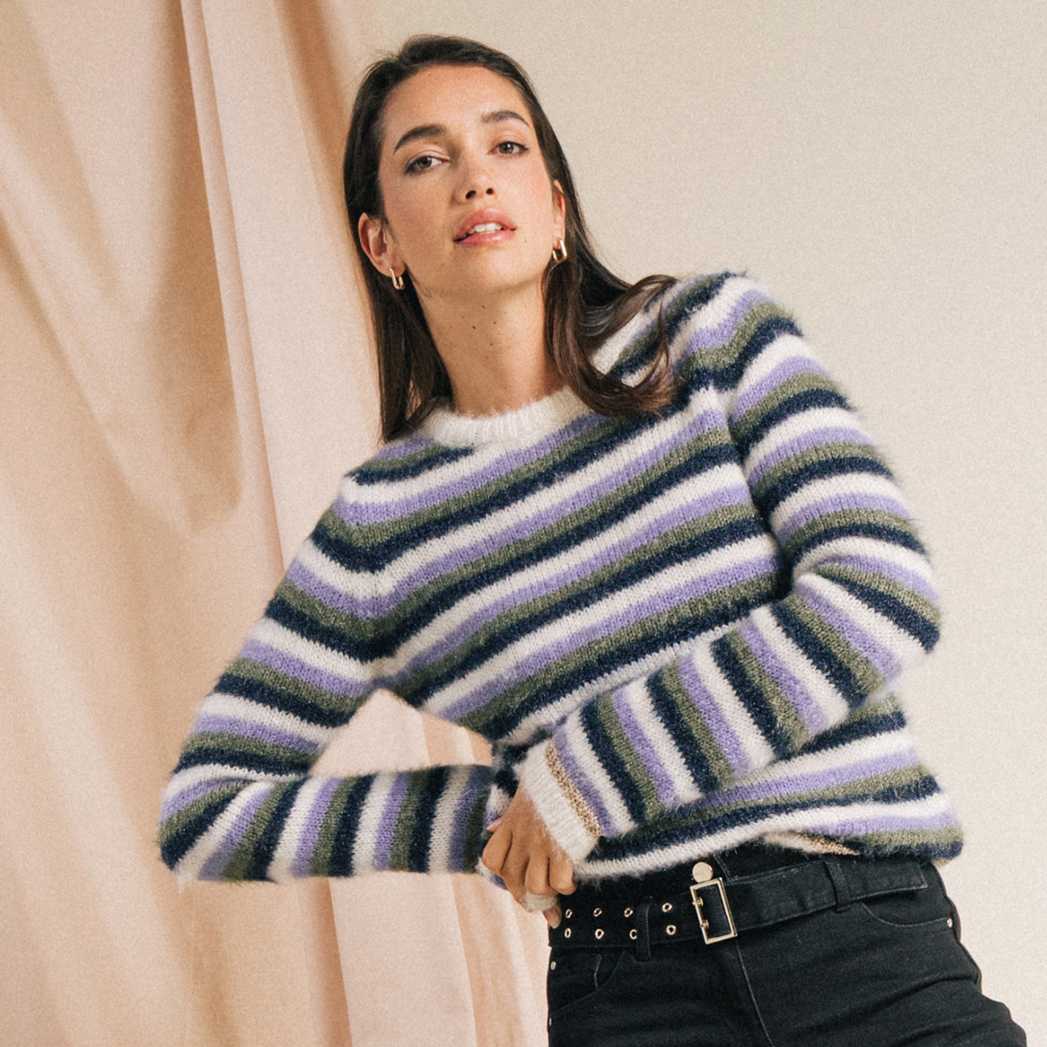 Pull manches longues col rond bleu femme