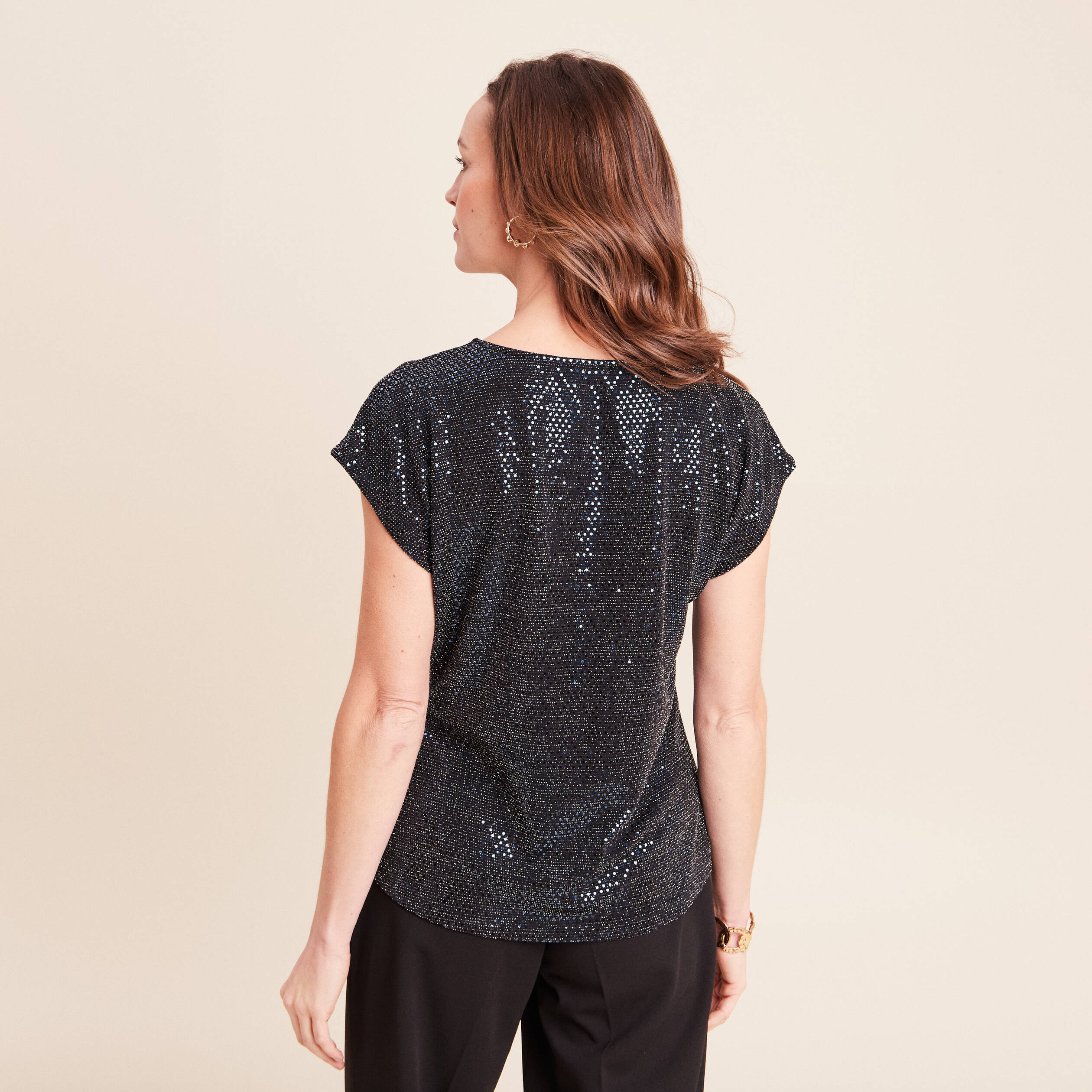 T-shirt cintr&eacute; &agrave; sequins col rond bleu marine femme