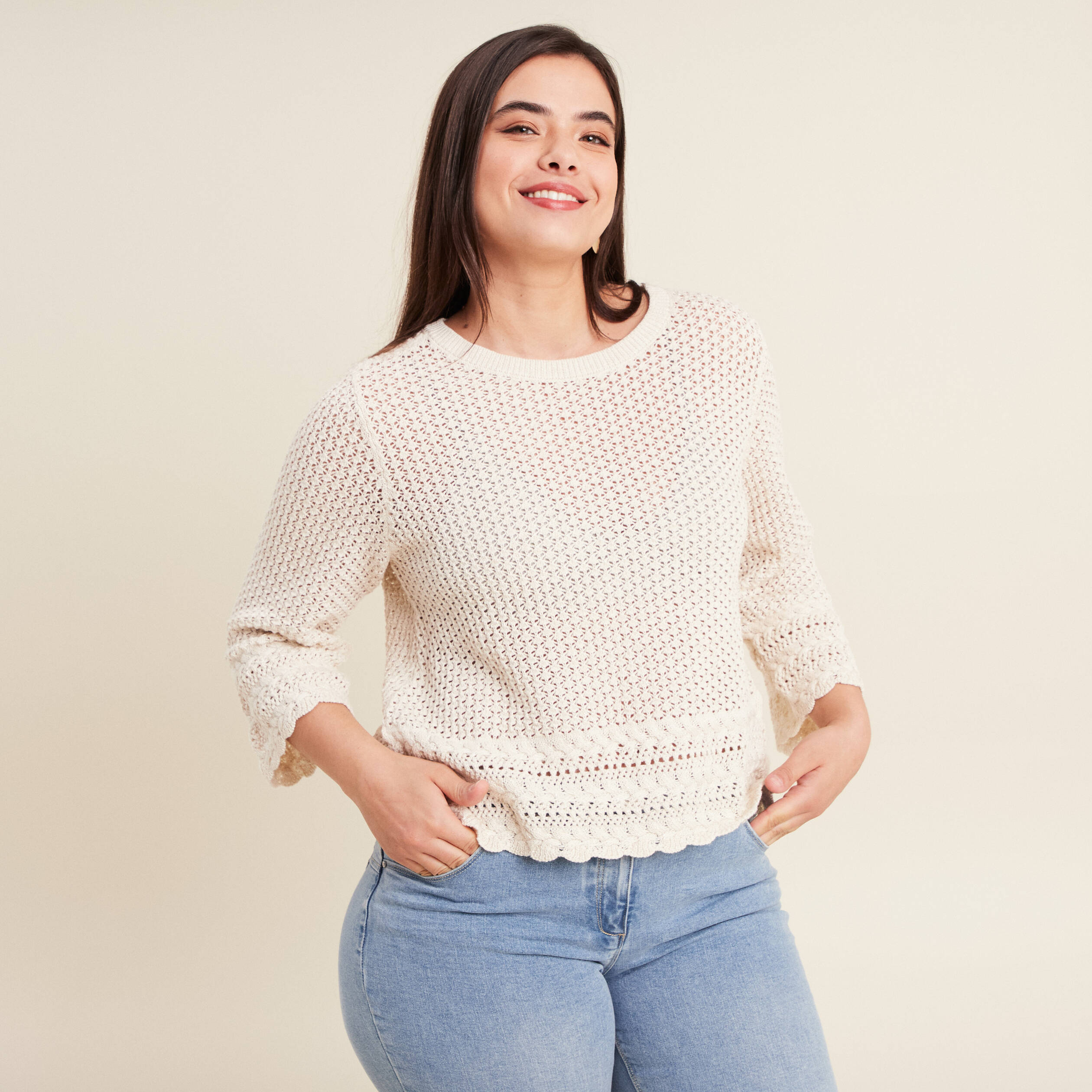 pull manches 34 ajoure ecru femme Pull manches 3/4 ajouré ecru femme