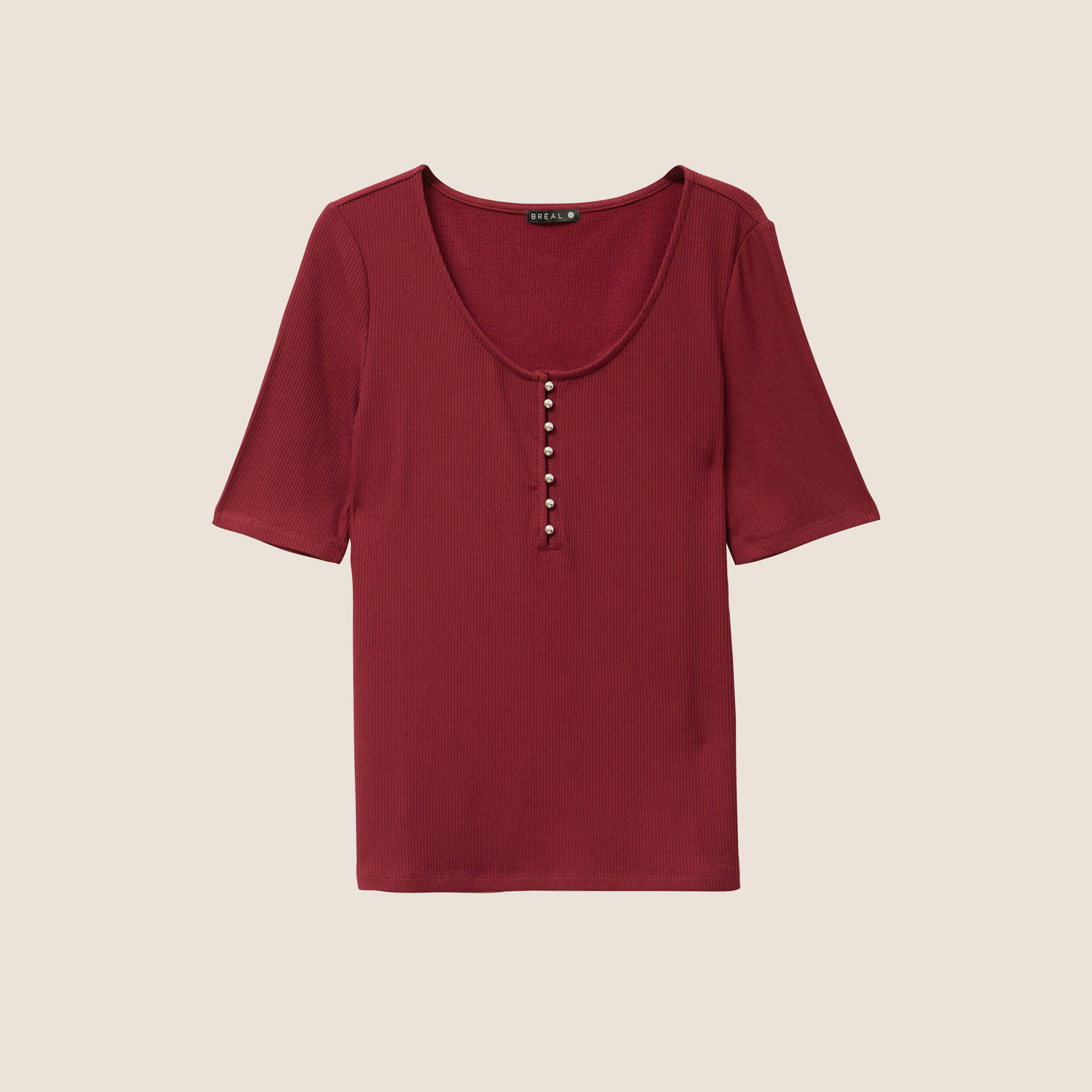 T-shirt cintr&eacute; col v manches coudes bordeaux femme