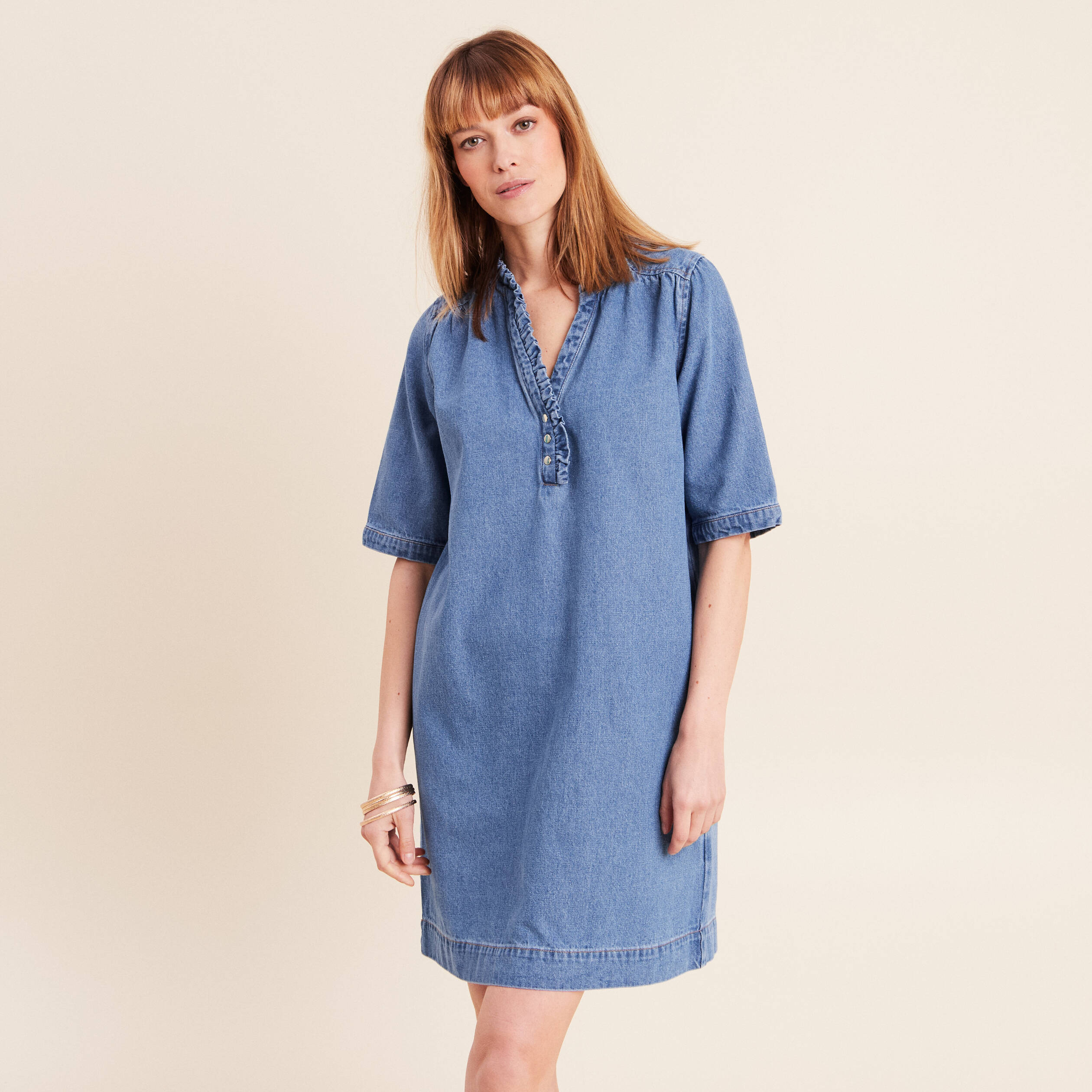 Robe courte &eacute;vas&eacute;e jean col montant denim double stone femme