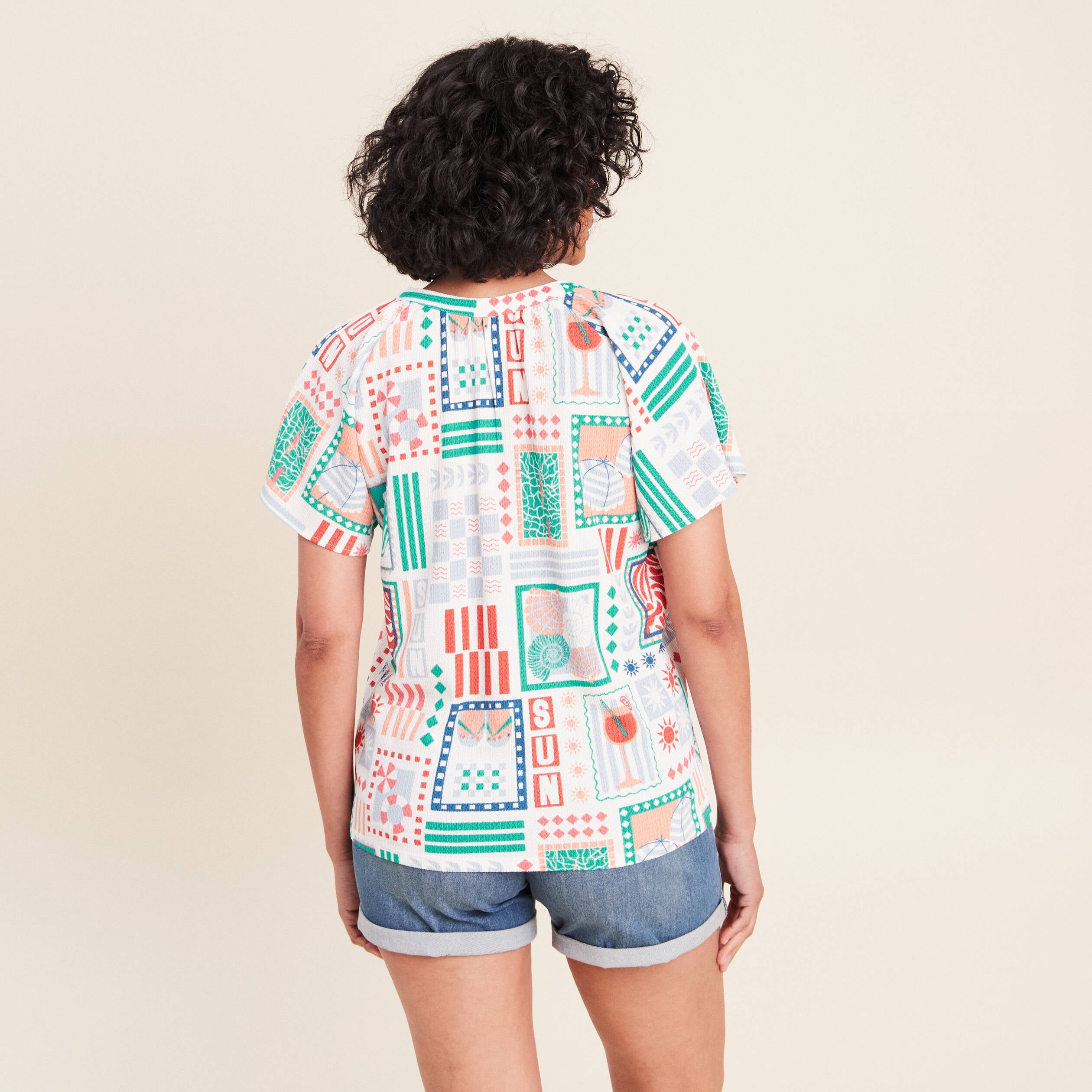Blouse col tunisien manches courtes bleu femme
