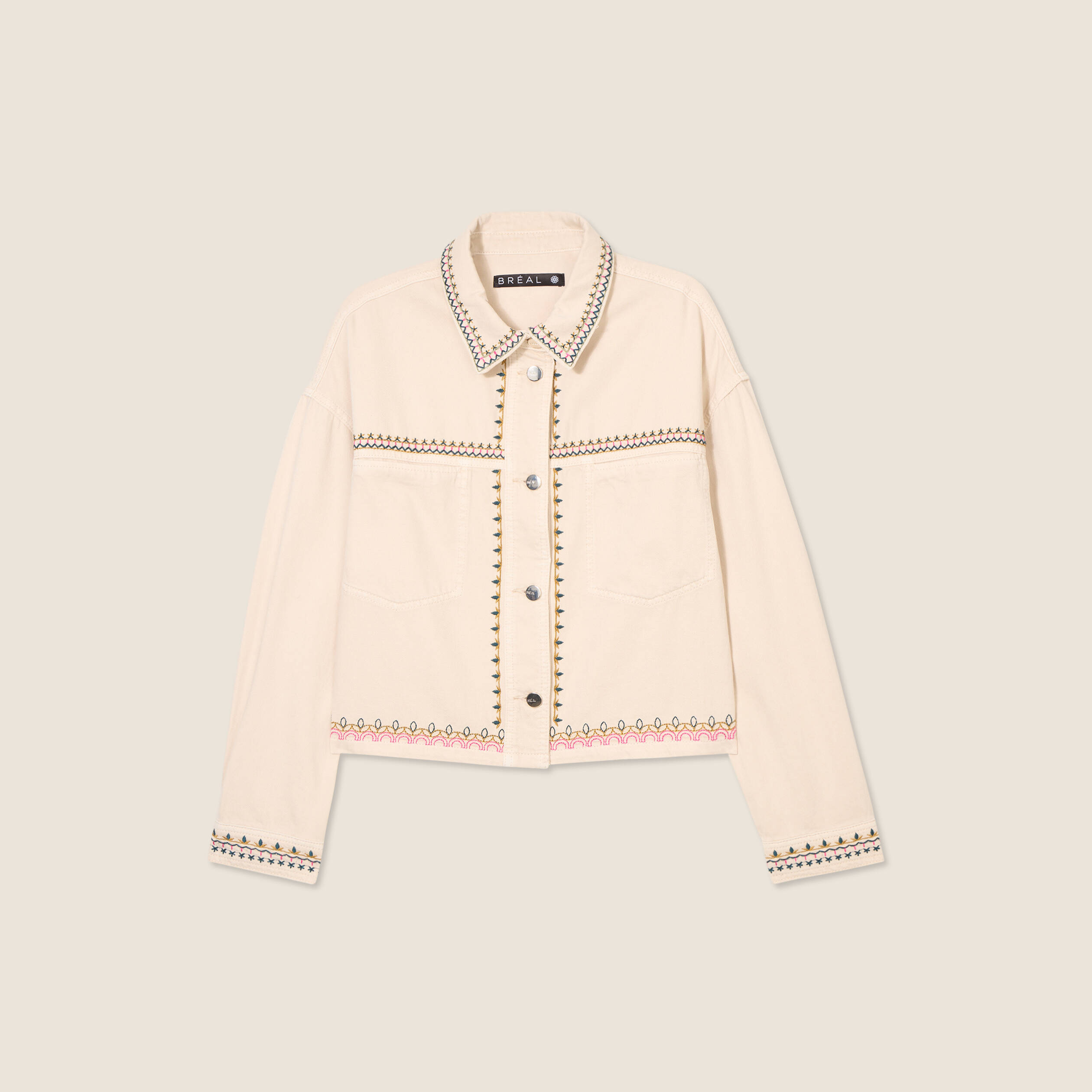 veste en jean brodee denim beige femme Veste en jean brodée denim beige femme