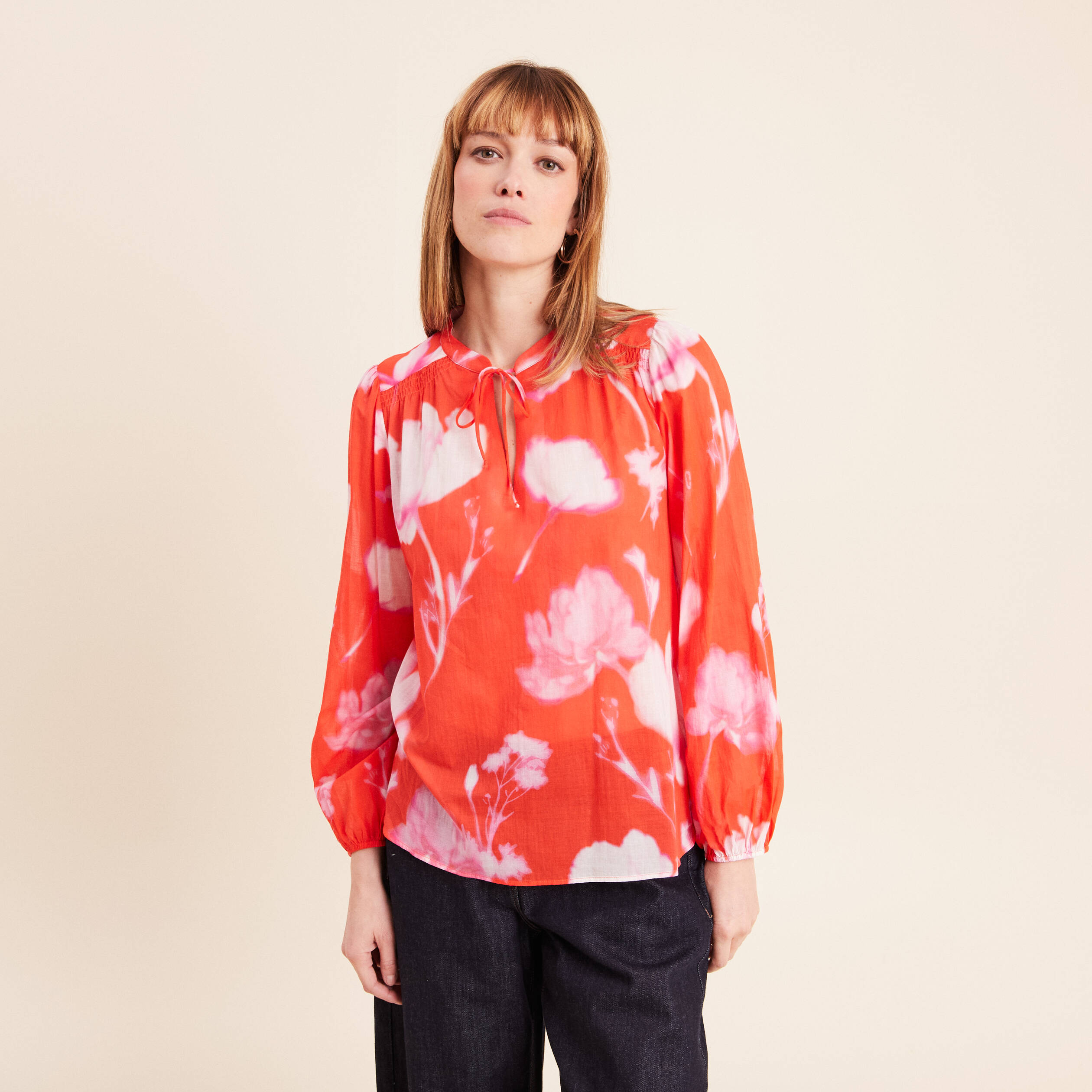 Blouse ample en voile manches longues rouge femme