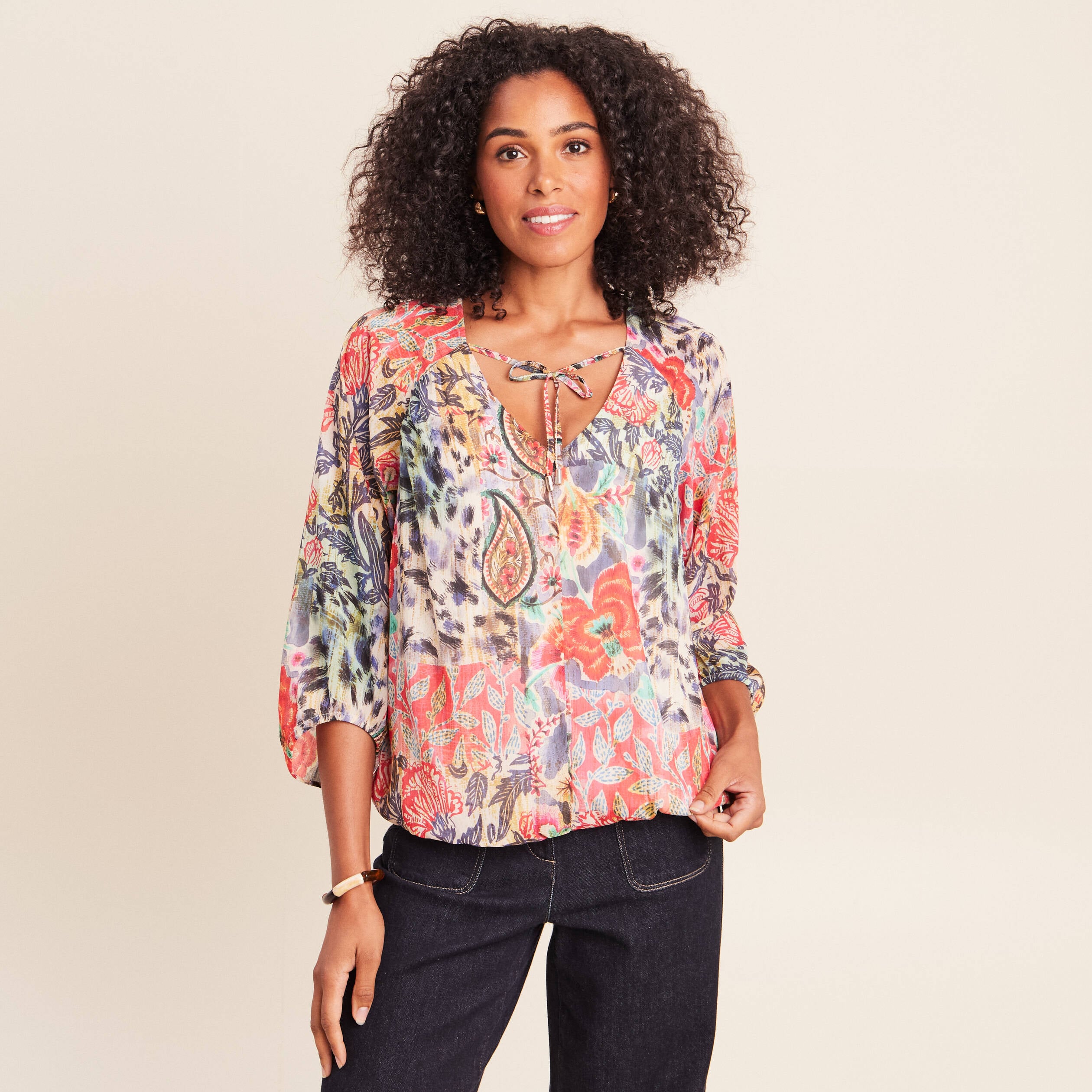 Blouse cintr&eacute;e col v manches 3/4 multicolore femme