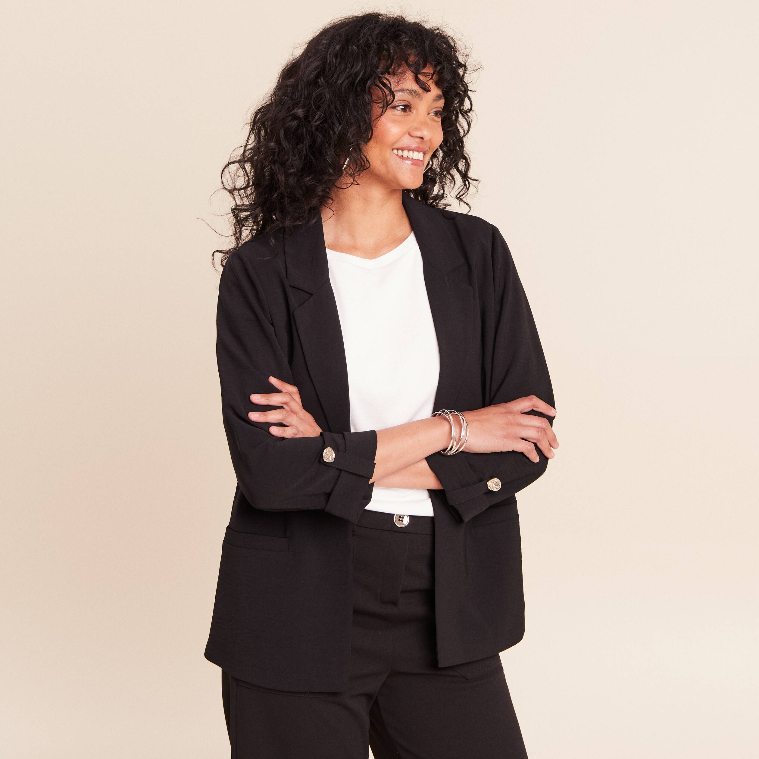 Veste longue droite col tailleur noir femme