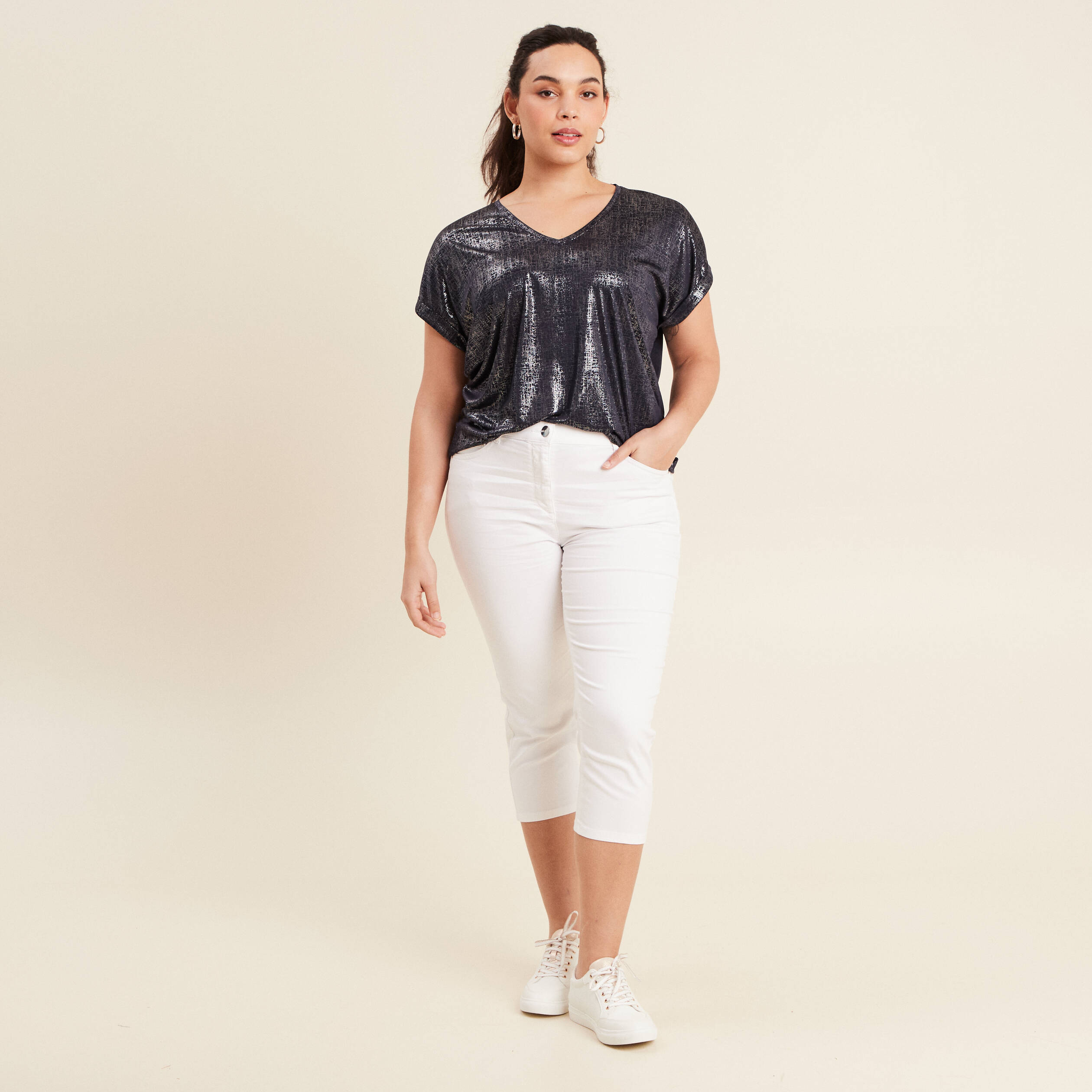 pantacourt droit taille standard blanc femme Pantacourt droit taille standard blanc femme