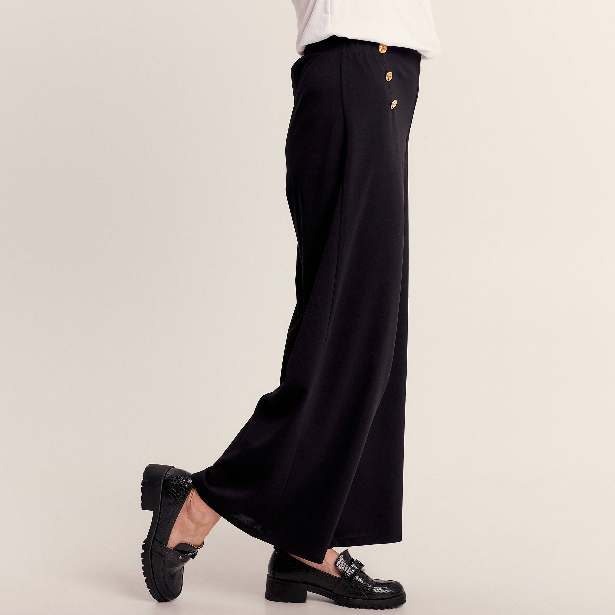 Pantalon coupe large &agrave; pont noir femme