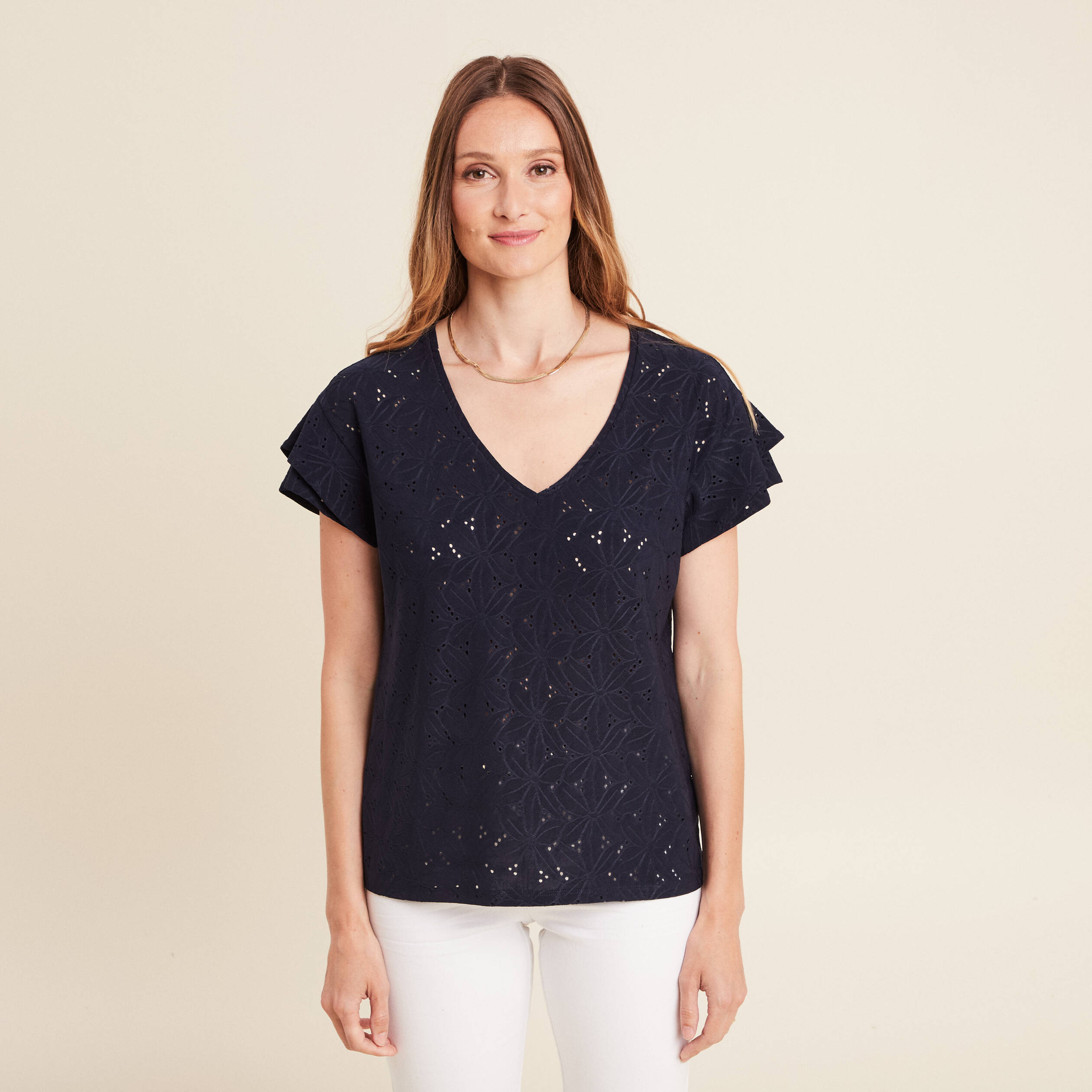 T-shirt droit col V manches courtes bleu fonc&eacute; femme